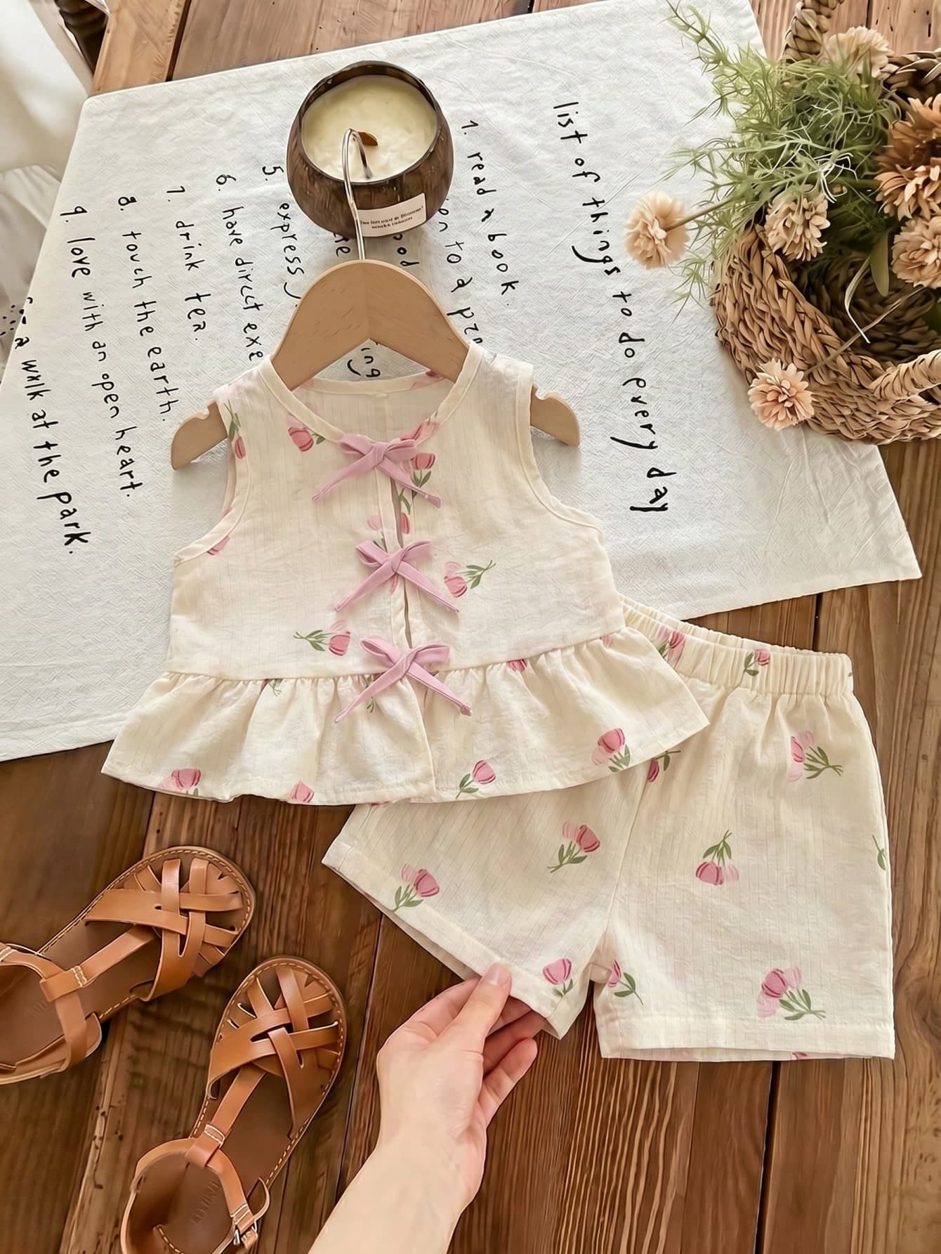 SHEIN LMoss Kids Kids Infant/Toddler (Girl) Vest Set, Floral Print Crinkle Fabric Round Neck Sleeveless Top And Shorts Set