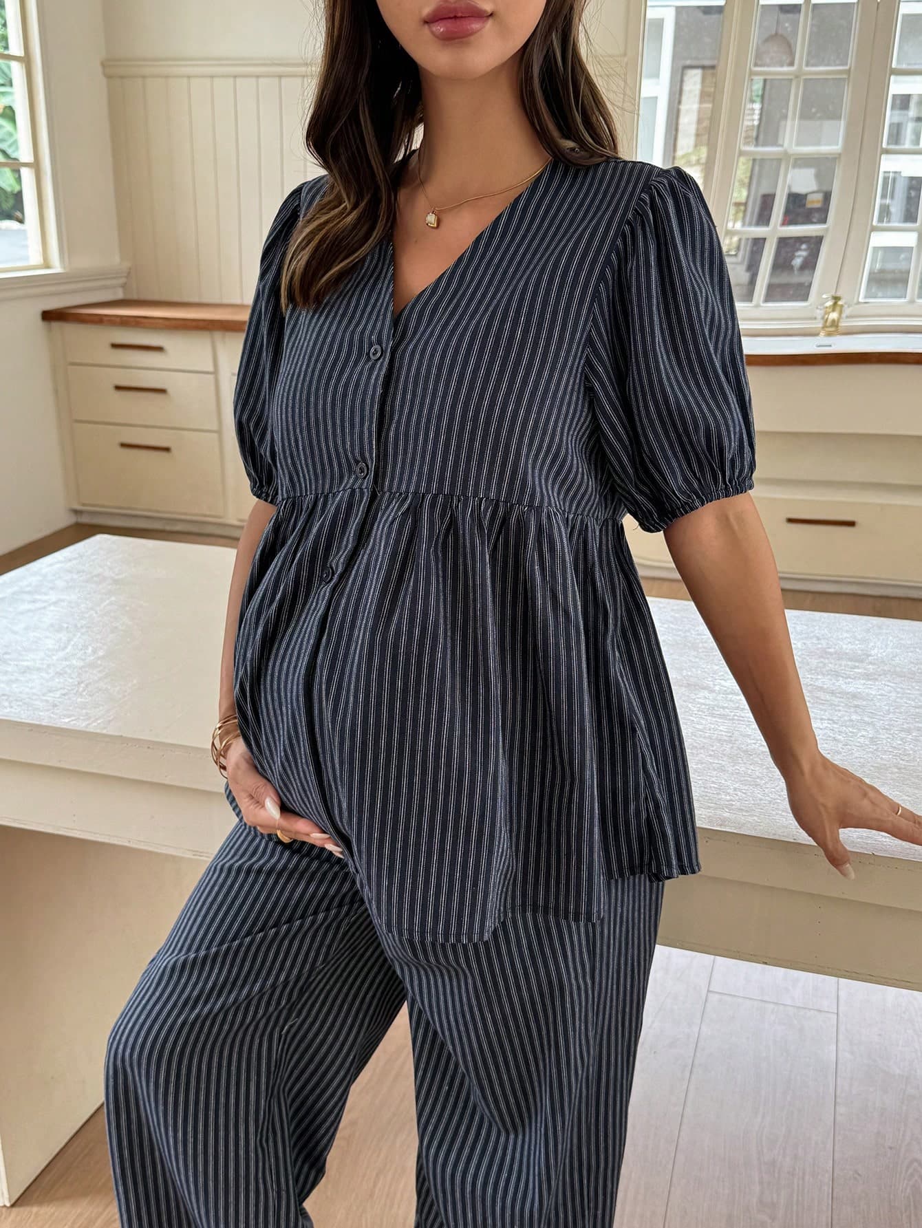 Dazy Maternity Fashion Striped Set Loose Short Sleeve Top Long Casual Pants Daily Wear Maternity 2 Pieces Set Summer