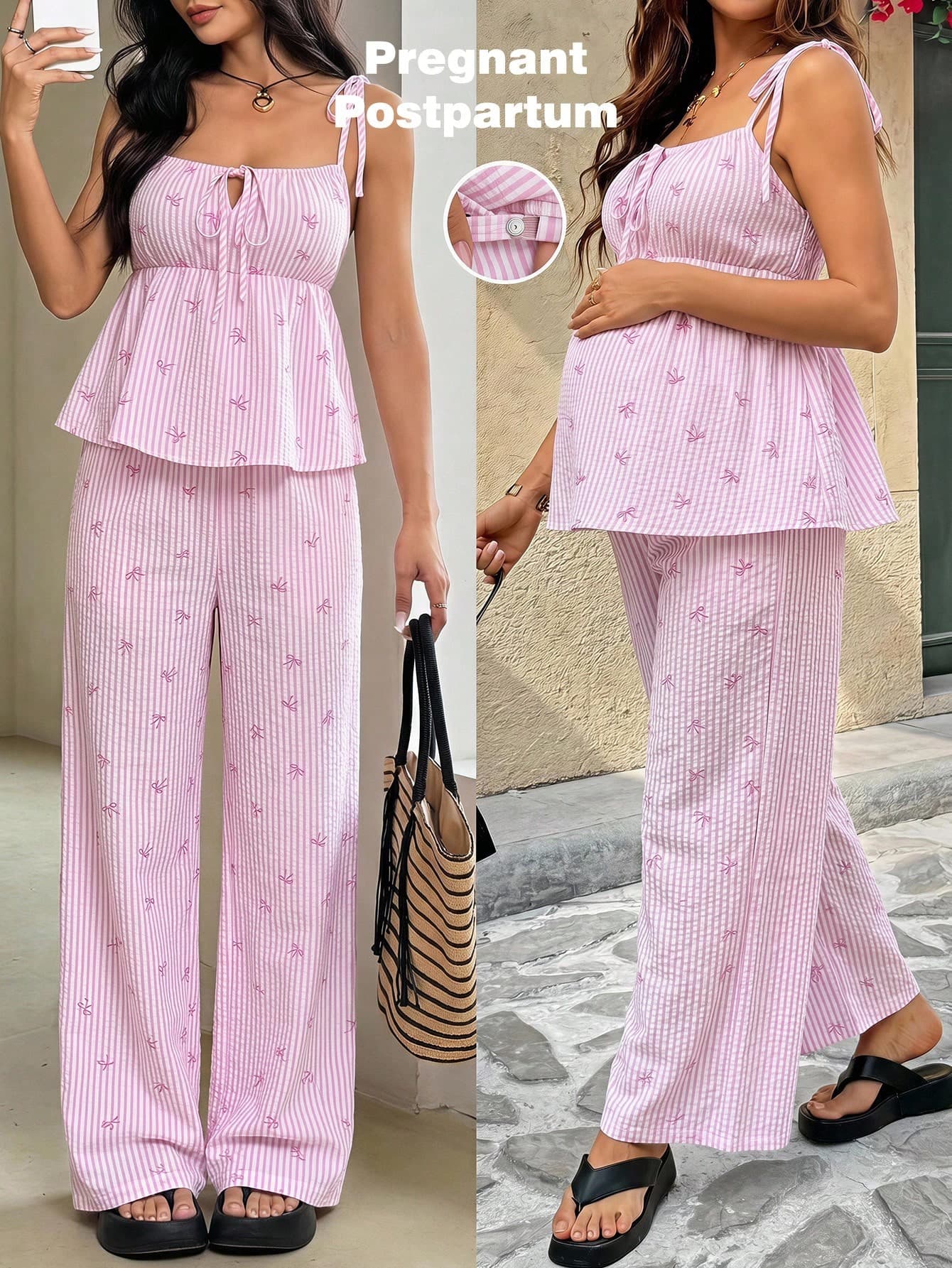 SHEIN Maternity Spaghetti Strap Striped Bow Print Sleeveless 2 Pieces Set, Summer  Going Out