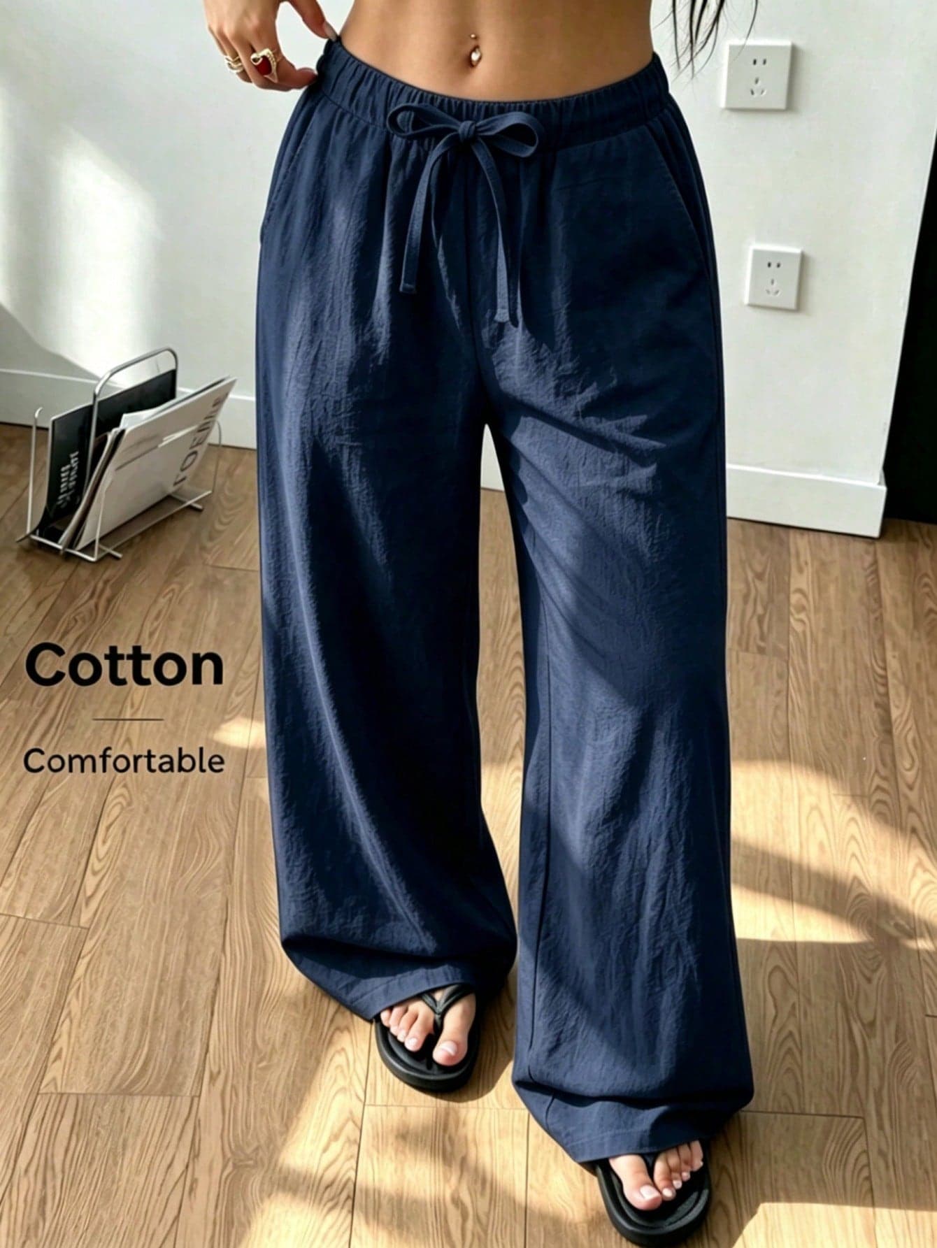 SHEIN Teen Girls Spring/Summer Beach Vacation Casual Daily Home Wear Versatile  Woven Comfortable Solid Color Loose Long Pants With Pockets