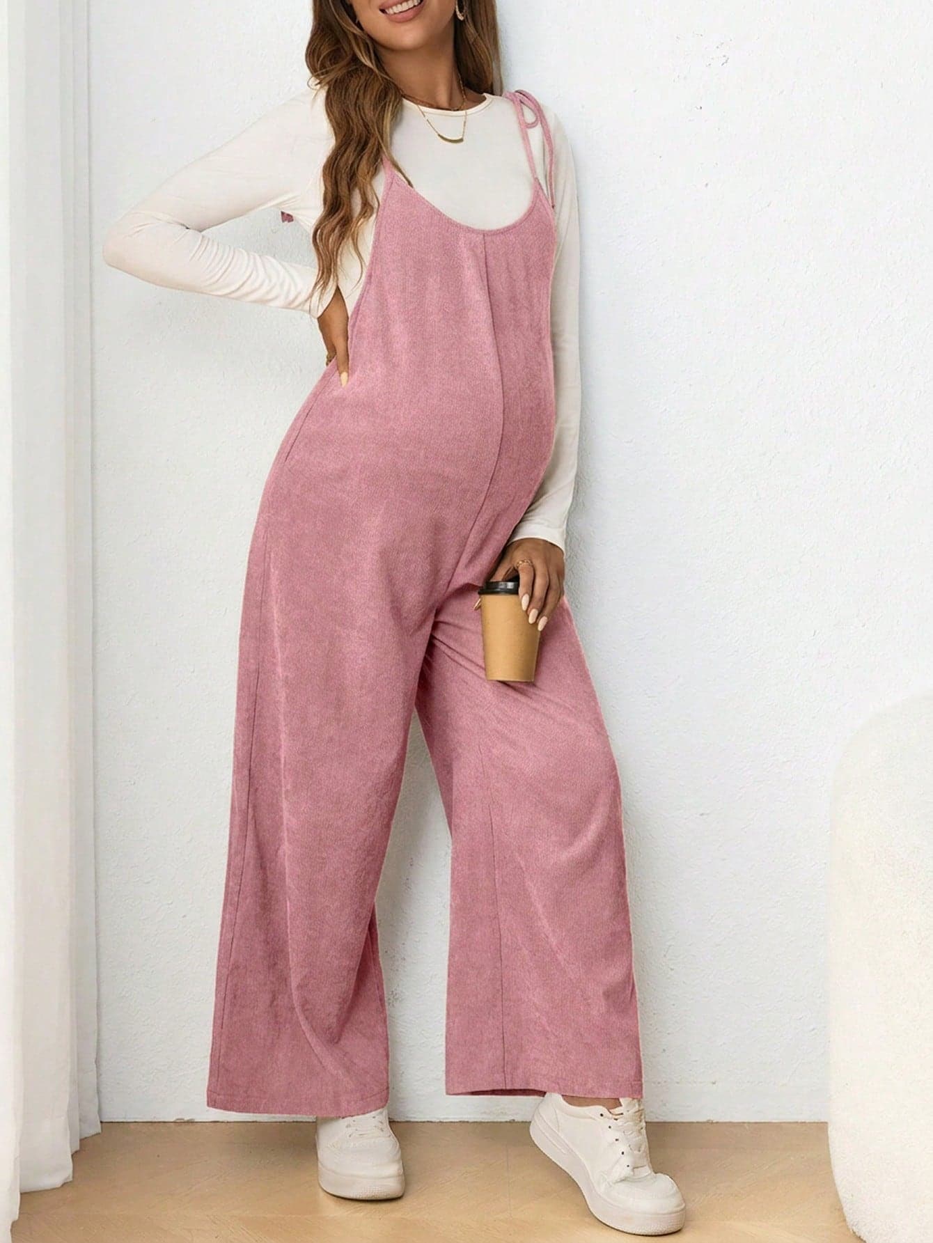SHEIN Maternity Casual Spaghetti Strap Bowknot Long Fitted Jumpsuit