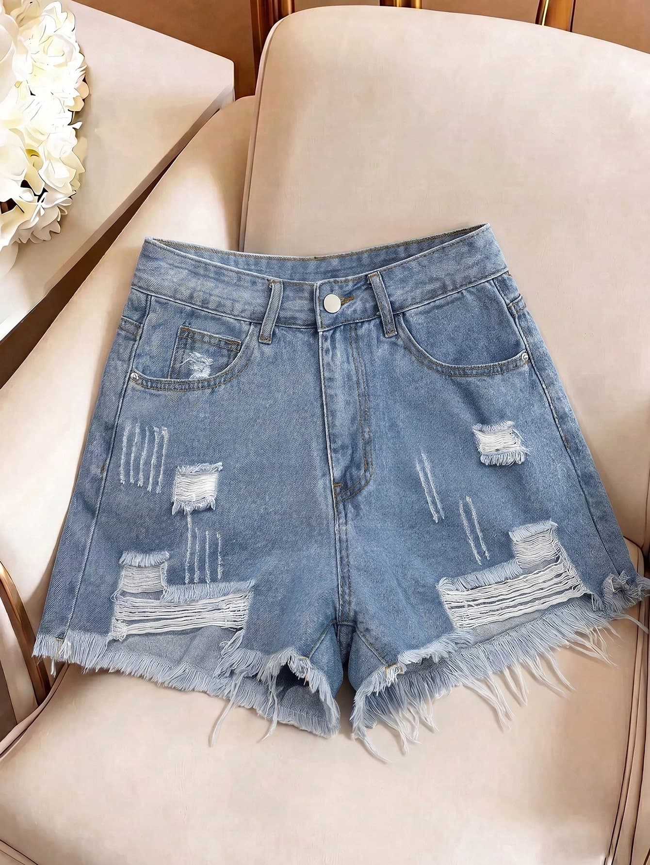 Rivivi Women's High Waist Pocketed Distressed Frayed Hem Casual Denim Shorts