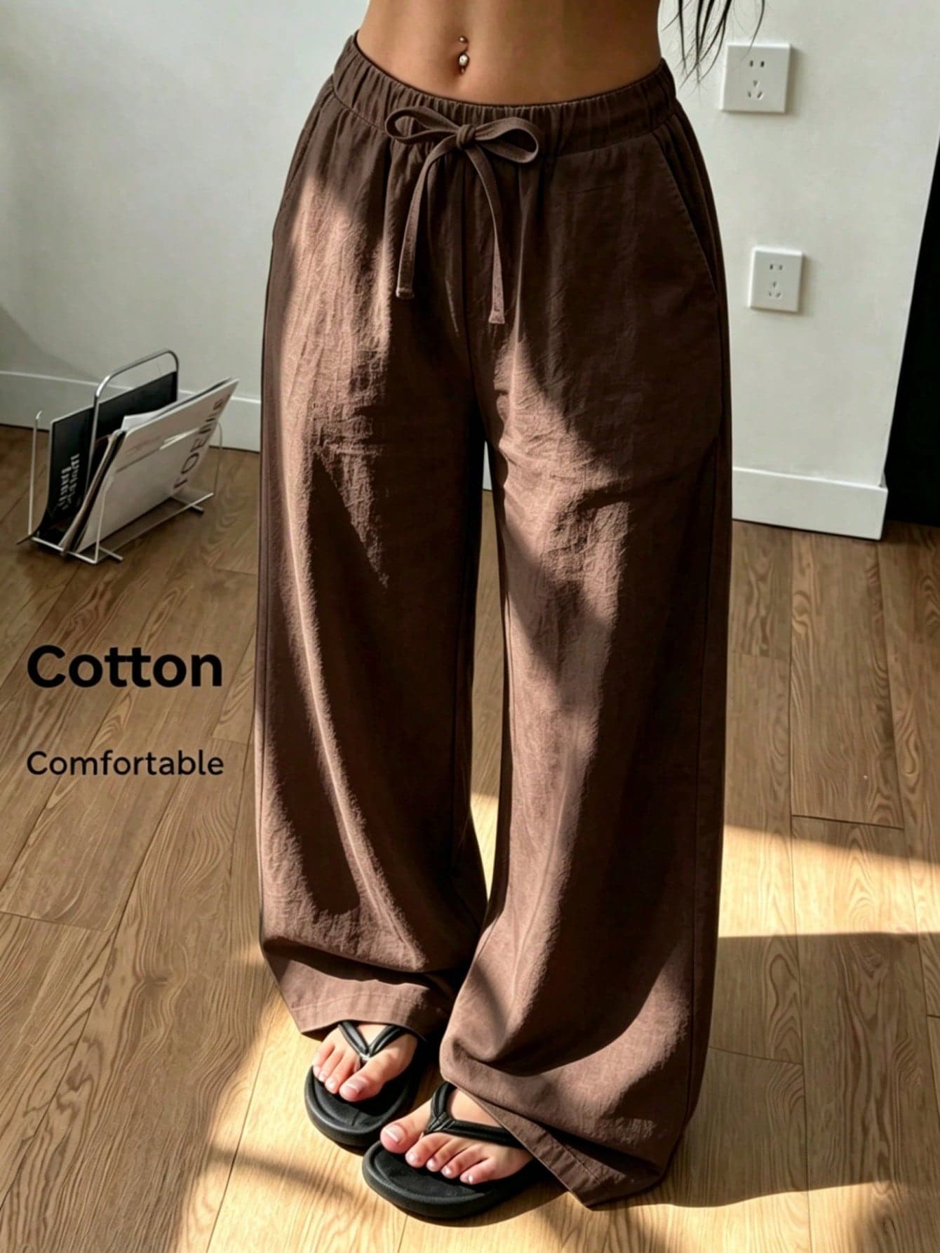 SHEIN Teen Girls Spring/Summer Beach Vacation Casual Daily Home Wear Versatile  Woven Comfortable Solid Color Loose Long Pants With Pockets