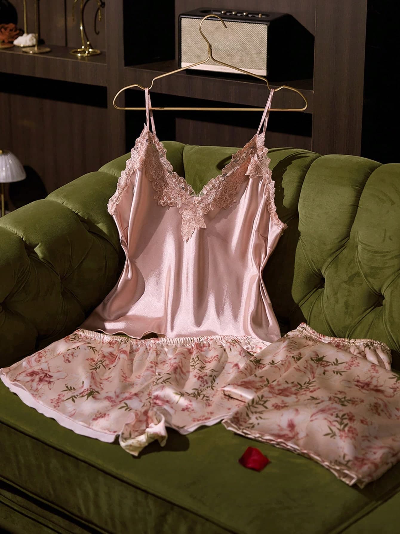 SilkySpell 3-Piece Plus Size Sexy Silk Pajama Set, Lace Embroidery Trim, Contrast Color, Printed Multi-Piece Set