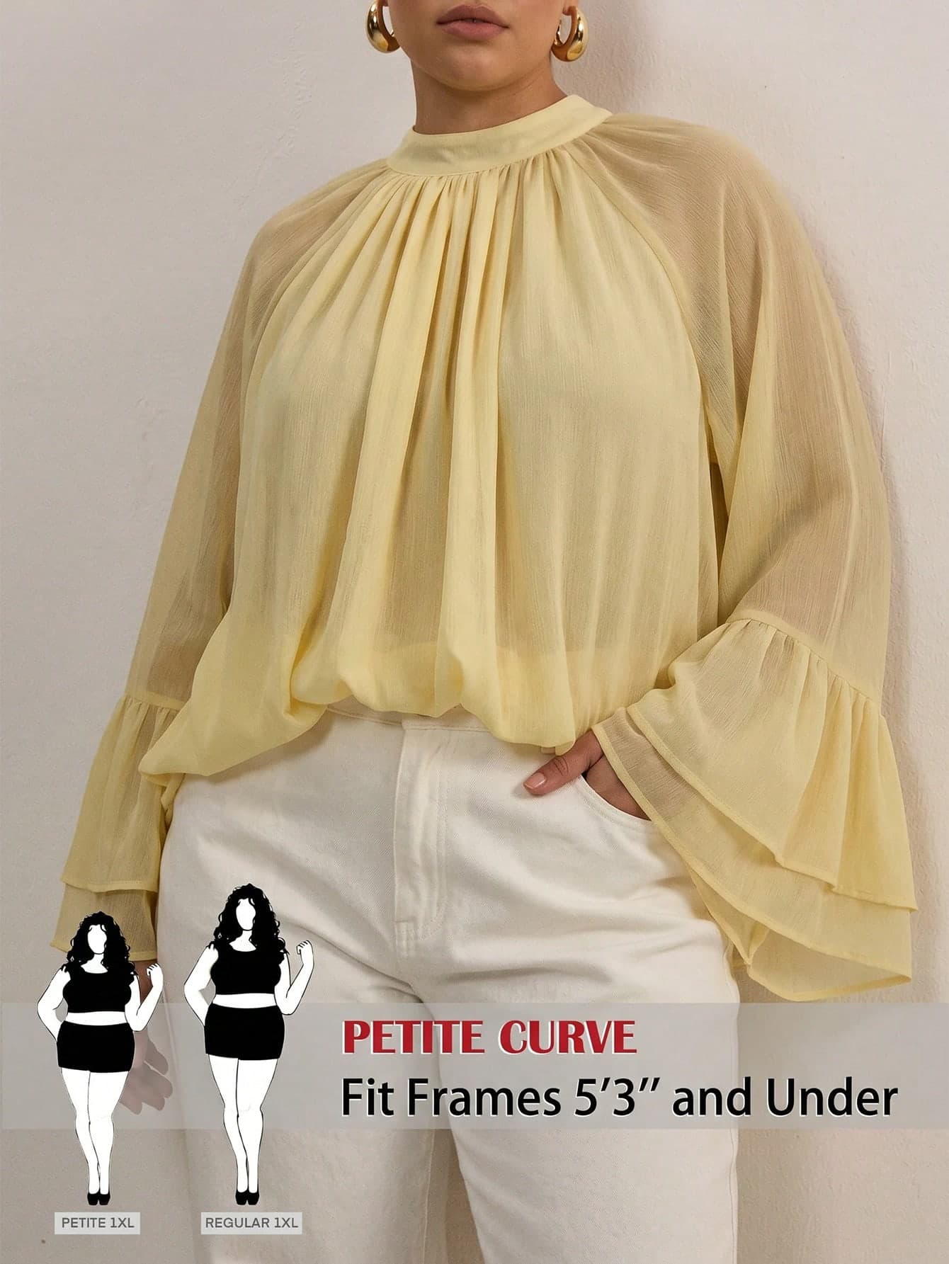 SHEIN PETITE CURVE Plus Size Women's Solid Color Raglan Bell Sleeve Loose Blouse