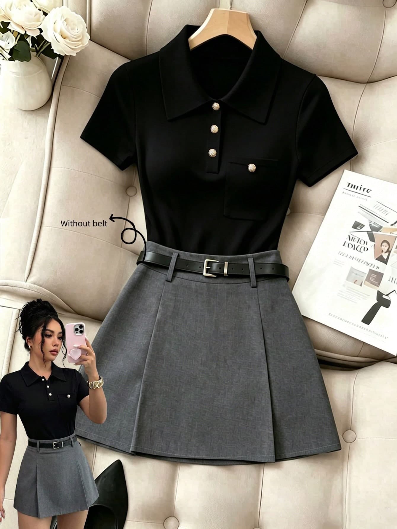 GlowEve Women's Short Sleeve Button-Up Solid Color Top And Pleated Skirt 2-Piece Set