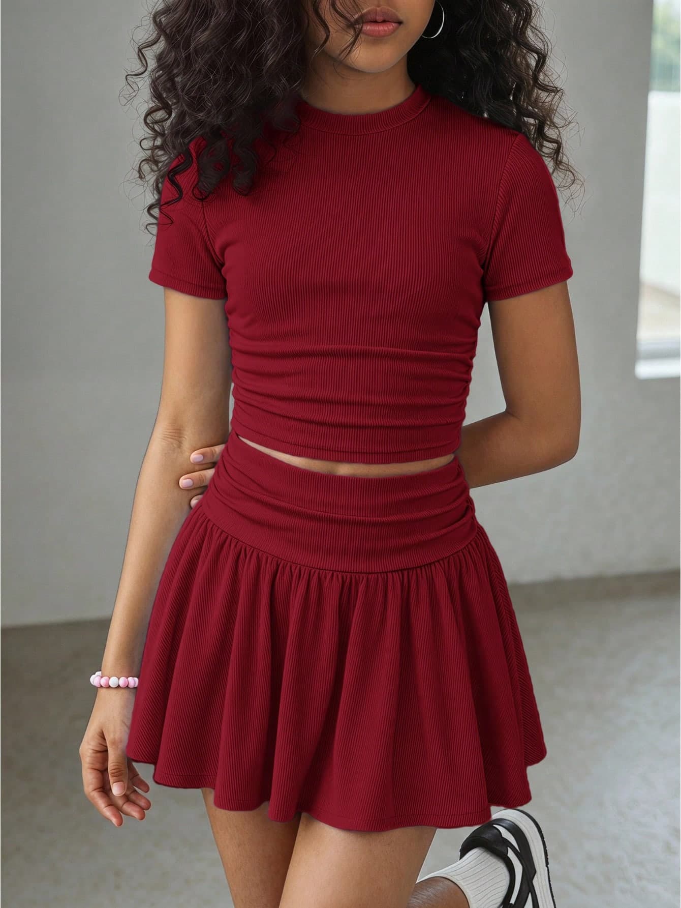 SHEIN Tween Girl Tween Girl Summer Cute Casual Gray Skirt Set: Short Sleeve Crop Top And Pleated Mini Skirt,Summer