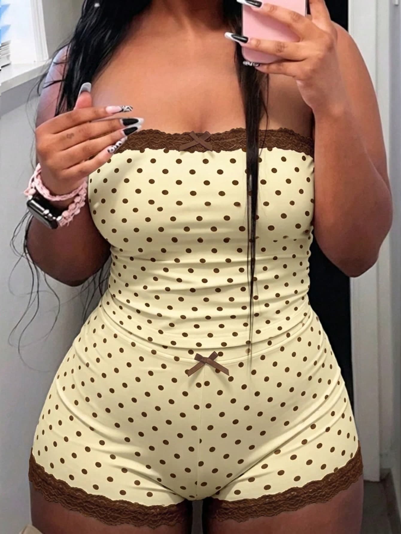 Zyxie Yellow & Brown Polka Dot Print Bandeau Lace Patchwork Bow Decor Women's Plus Size 2-Piece Set