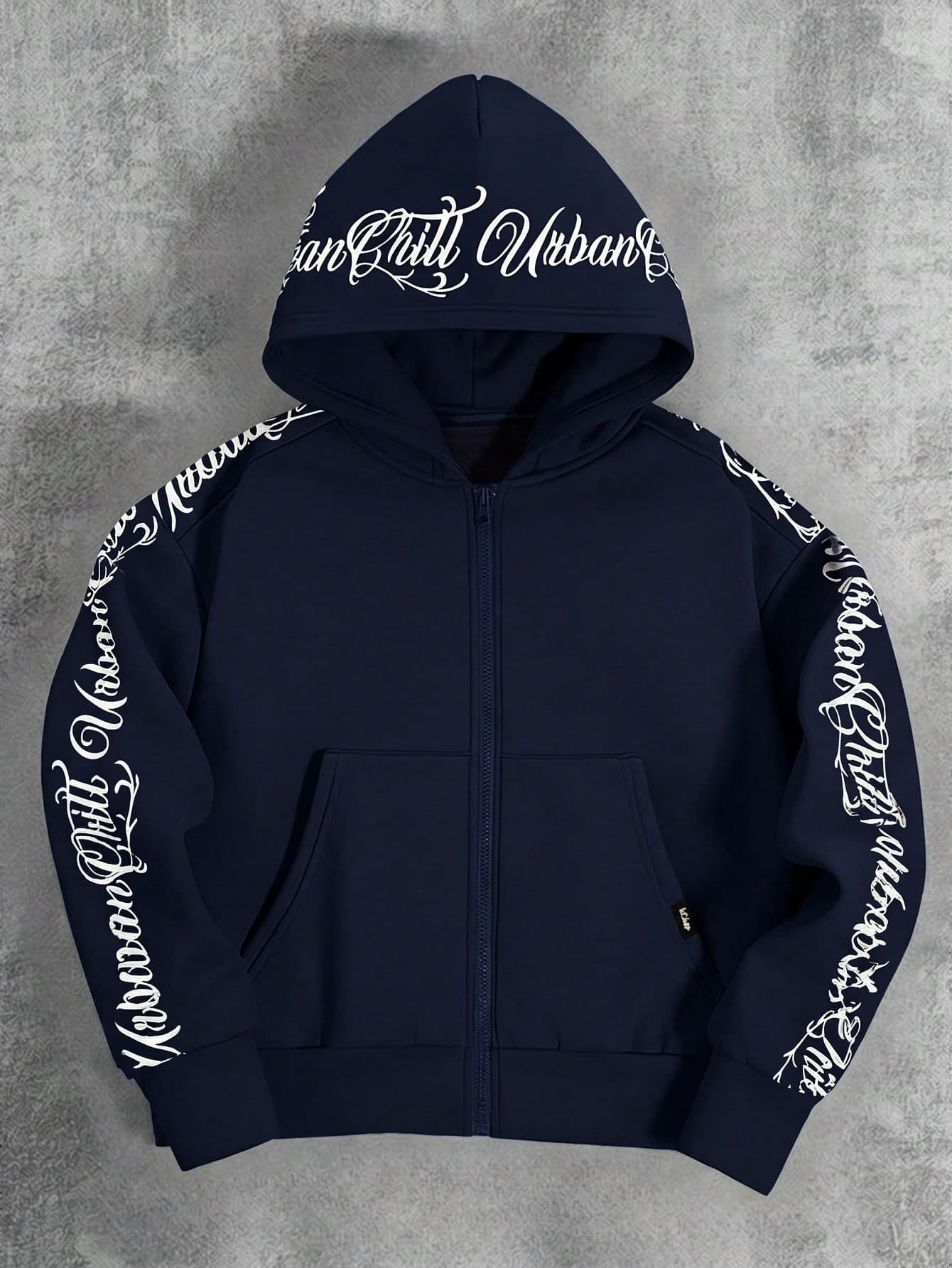 SHEIN Teen Boys Navy Blue Minimalist Silhouette Handwritten Letter Floral Pattern Sweatshirt Sweatshirt, Casual College Style, Comfortable, Fashionable, Simple, Practical, Versatile, Soft Fabric, Suitable For Daily Wear, School, Travel, Outdoor Sports, Autumn/Winter