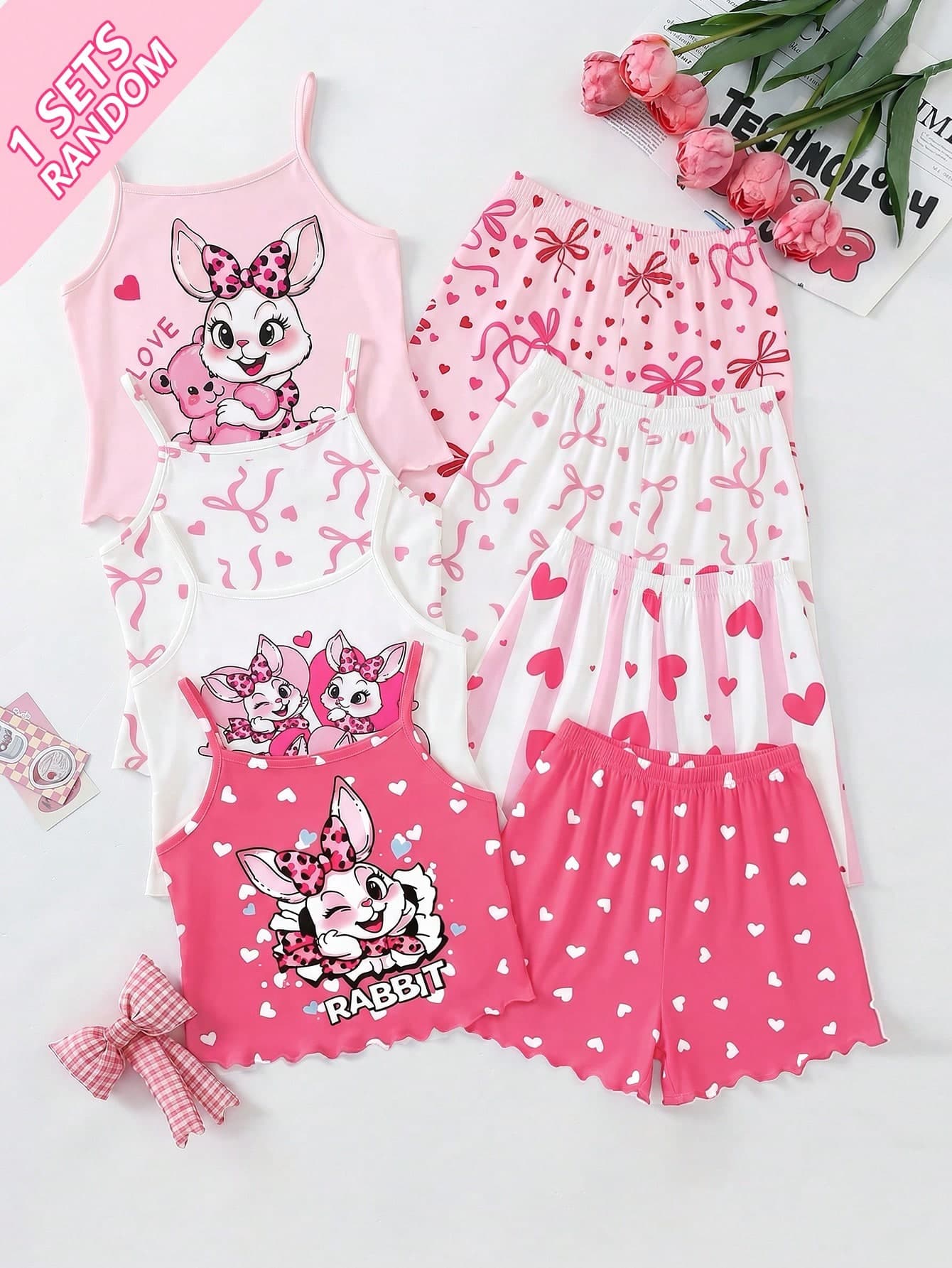 SHEIN 4pcs/Set Toddler Girls Summer 2-Piece Outfit,Cherry Rabbit Heart Print Camisole Top Ruffle Hem Shorts,Knit Sleepwear,Pink Fairy Family Matching Style