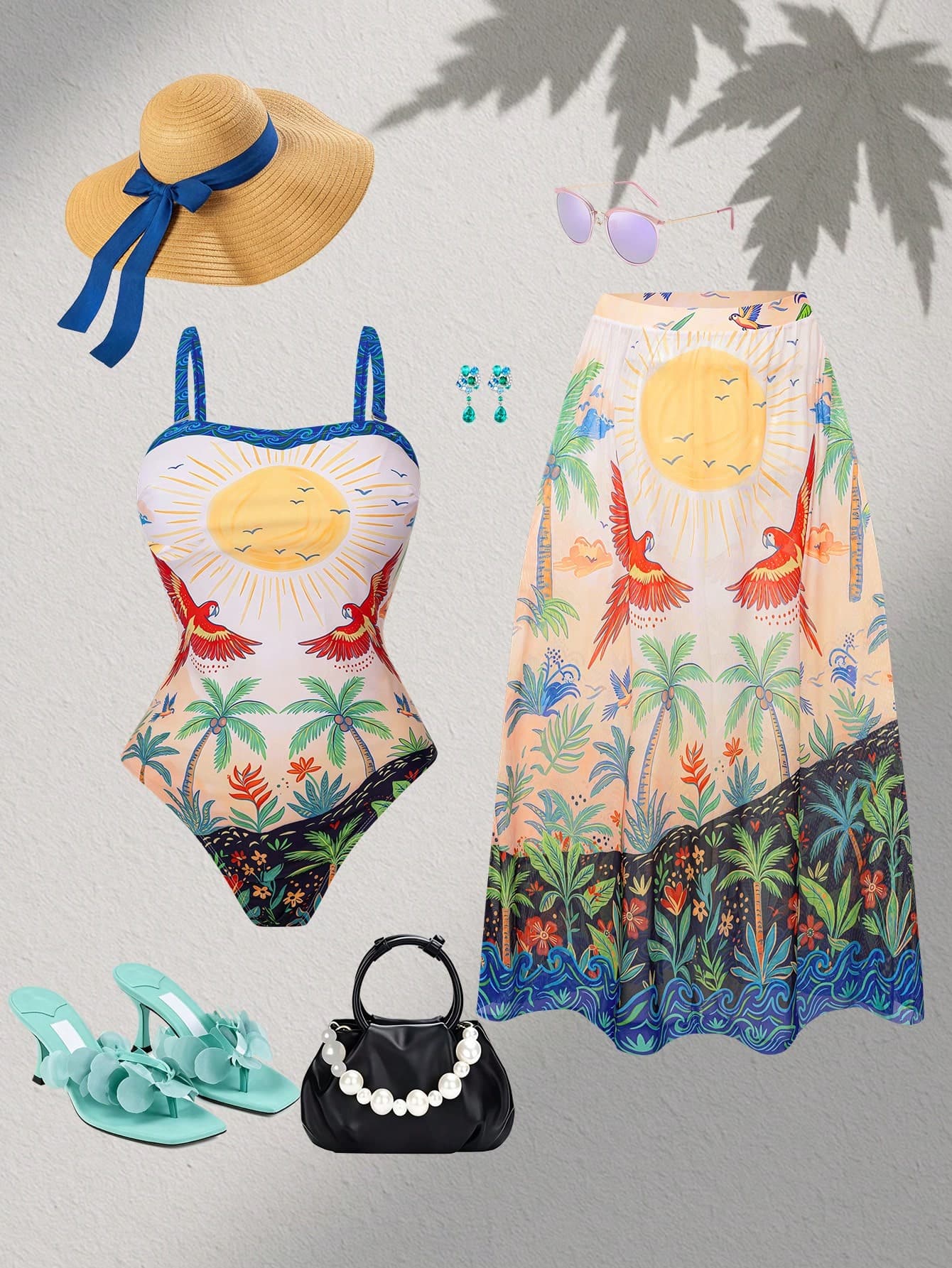 Swim Oasis Plus Size Women 2-Piece Set, 2026 Hot-Selling New Bohemian Tropical Parrot Print Fashion Vacation Daily Minimalist Casual Tube Top With Thick Straps, Slimming Belly-Covering High-Waist Long Mesh Skirt, Premium Outfit