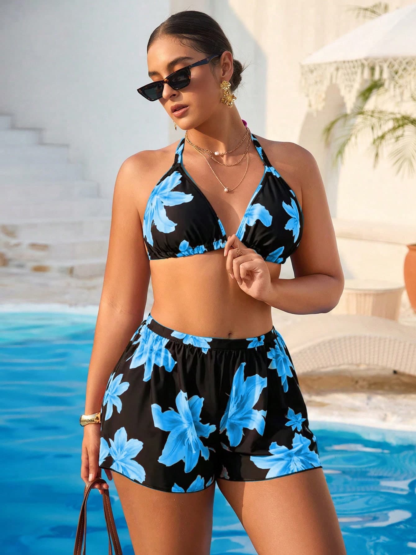 Swim Vcay 2026 New Summer Beach Vacation Floral Bikini Set With Cover-Up And Pants 3 PiecesPlus Size Swimsuit Set