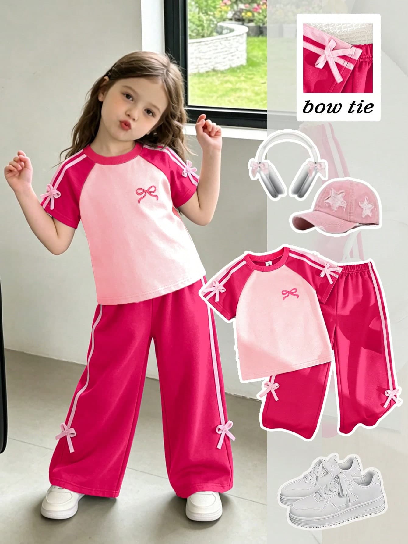 SHEIN Playful Pals Young Girls Spring/Summer Casual Fashion New T-Shirt Set, Front Pink Bow Tie Heat Transfer Print Pattern, Pink Double Stripe Woven Tape Sleeves, Pink 3D Bow Tie Decoration, Pink Ribbed Collar, Round Neck Raglan Sleeve T-Shirt Top, Paired With Pink Woven Tape, Pink Bow Tie, Grey Solid Color Casual Long Pants Two Pieces Set, Suitable For Girls American Vintage, Premium Minimalist, Casual Comfortable Sweet Cool Outfit, Suitable For Daily School, Outings, Vacations, Daily Sports, Attending Parties, Holidays, Spring/Summer Wear