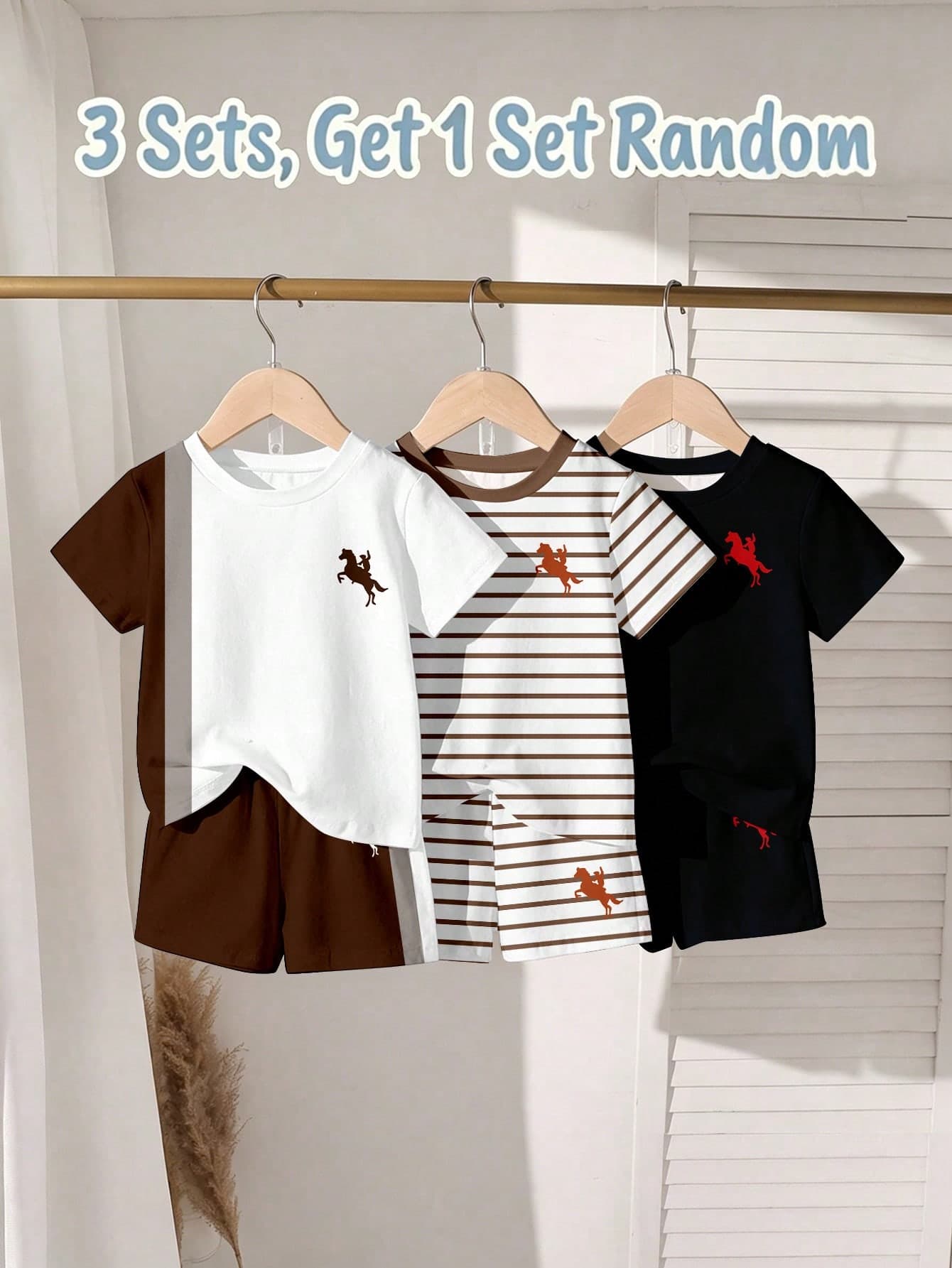 Souflis Souflis Random 3 Sets Get 1 Set  Coffee Khaki Colorblock Khaki Infant Casual Fashion Classic Knight Print Crew Neck Short Sleeve T-Shirt And Shorts Set
