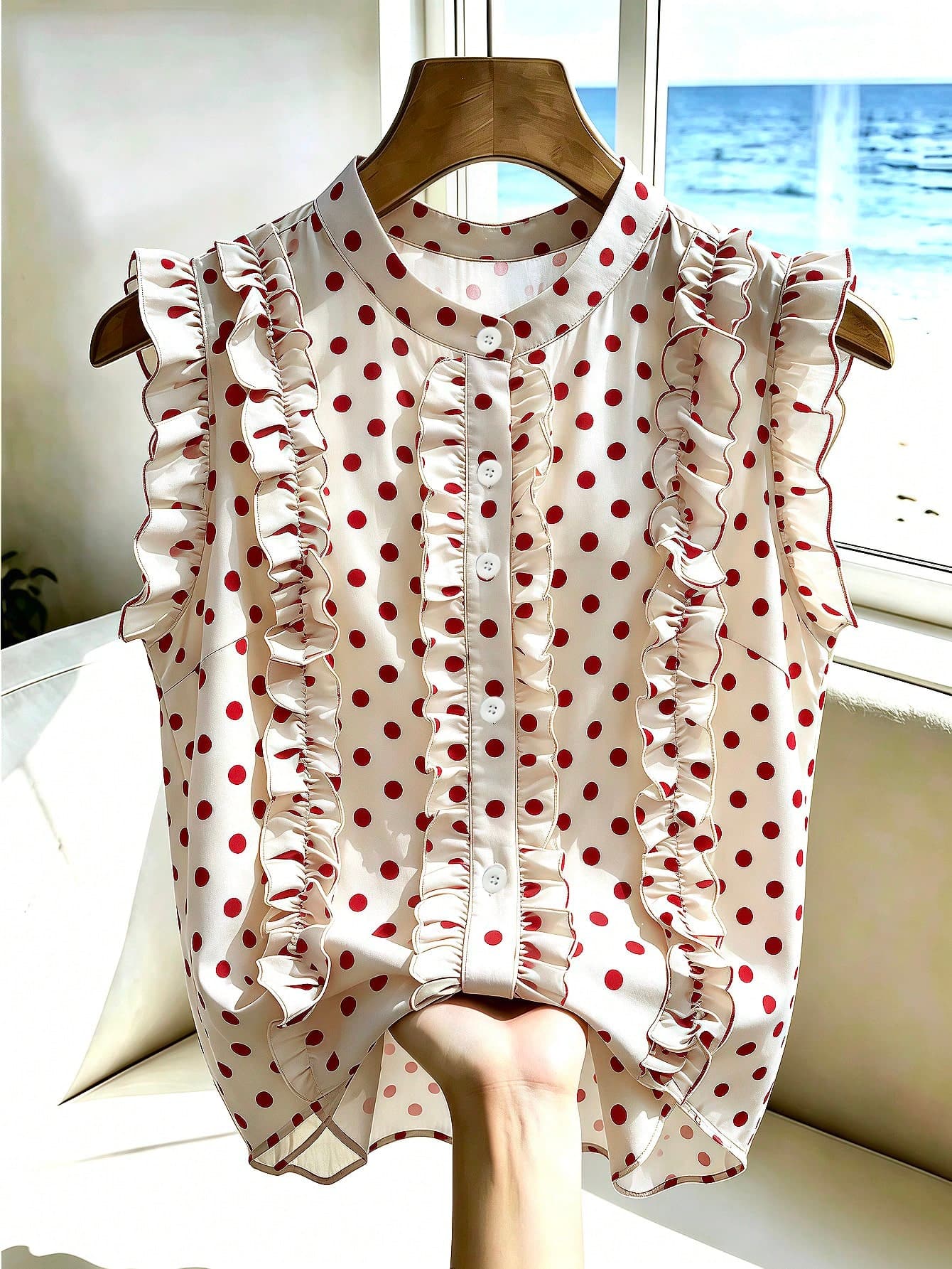 GlowEve CURVE Plus Size Women Polka Dot Pattern Single-Breasted Frill Trim Casual 1950s Vintage Shirt Office Beige Summer