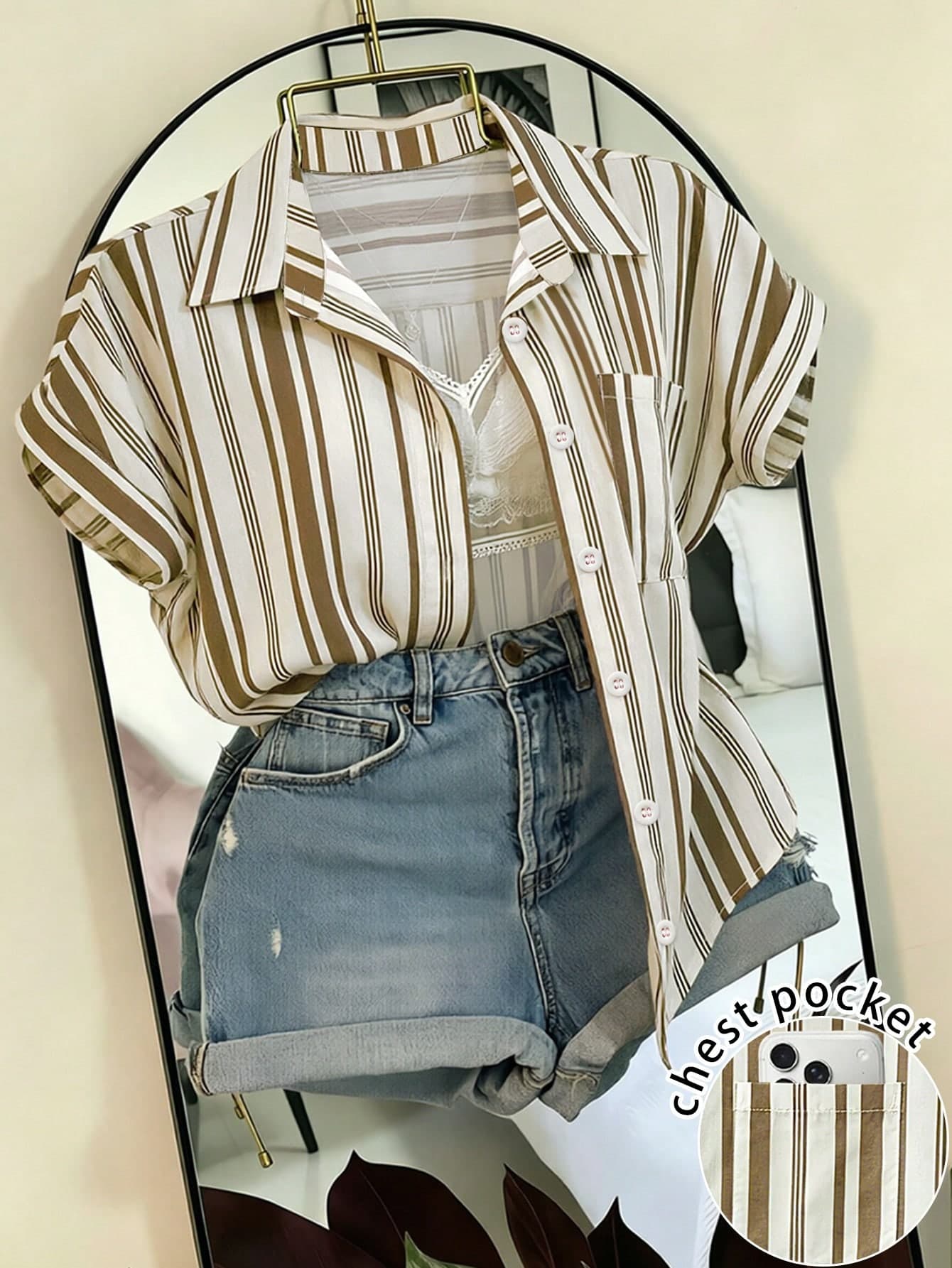 Franclia Women's Summer Casual Vacation Daily Commute Color Block Striped Print Short Sleeve Shirt