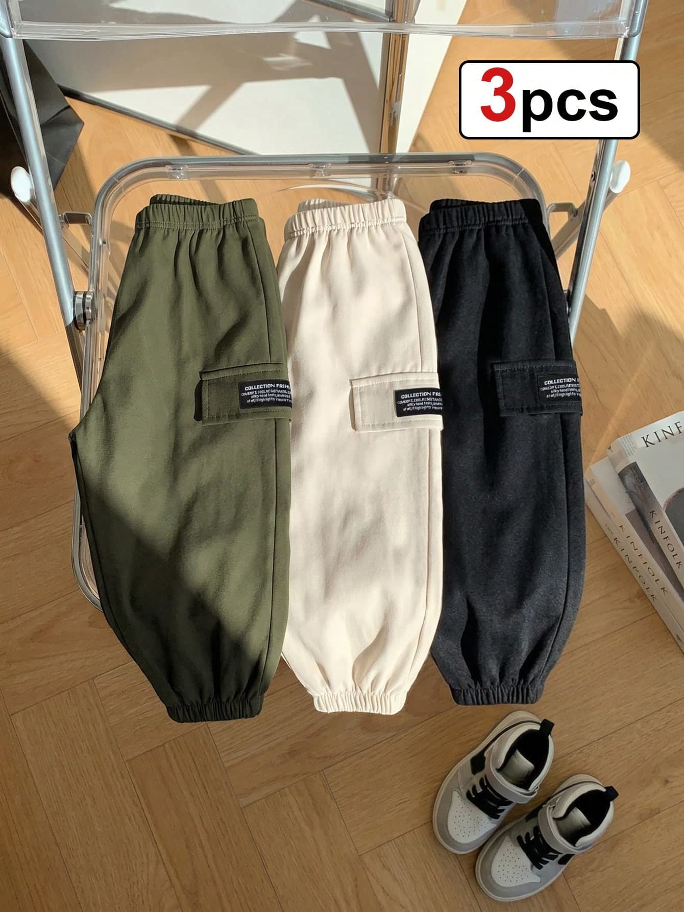 SHEIN Playful Pals 3pcs/Pack Baby Boy Elastic Waist Cuffed Cargo Pants, Black With White Lettering Side Detail, Casual Cargo Style Style Long Pants, Baby Boy Bottoms, Baby Boy Clothing, Baby Boy Long Pants, Available In Apricot, Black, Army Green, Suitable For 3 Months To 3 Years Old Boys