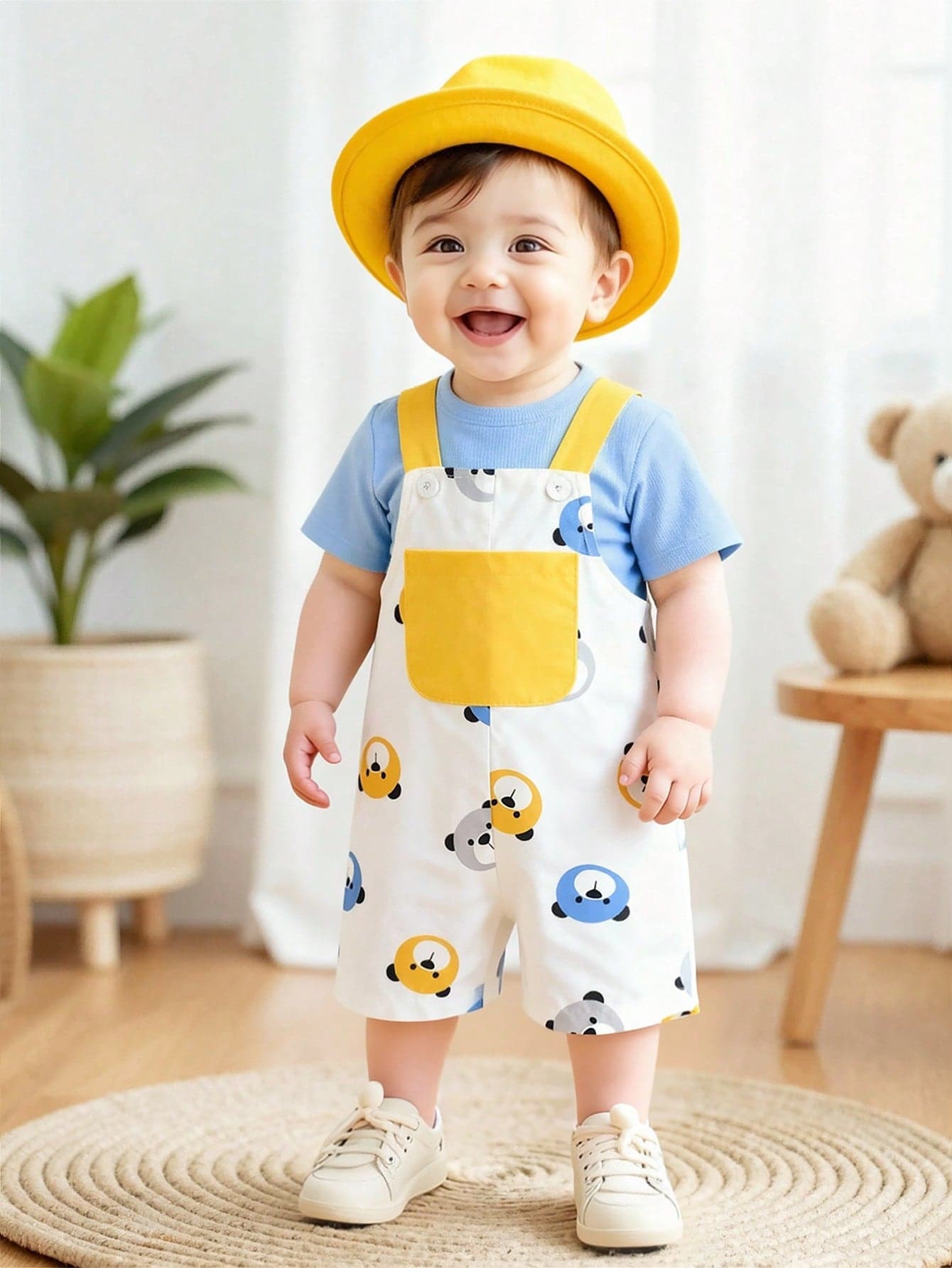 SHEIN Playful Pals Baby Boy Summer Printed Bear Head Pocket Design Romper, Suitable For Home, Casual, Party, Travel