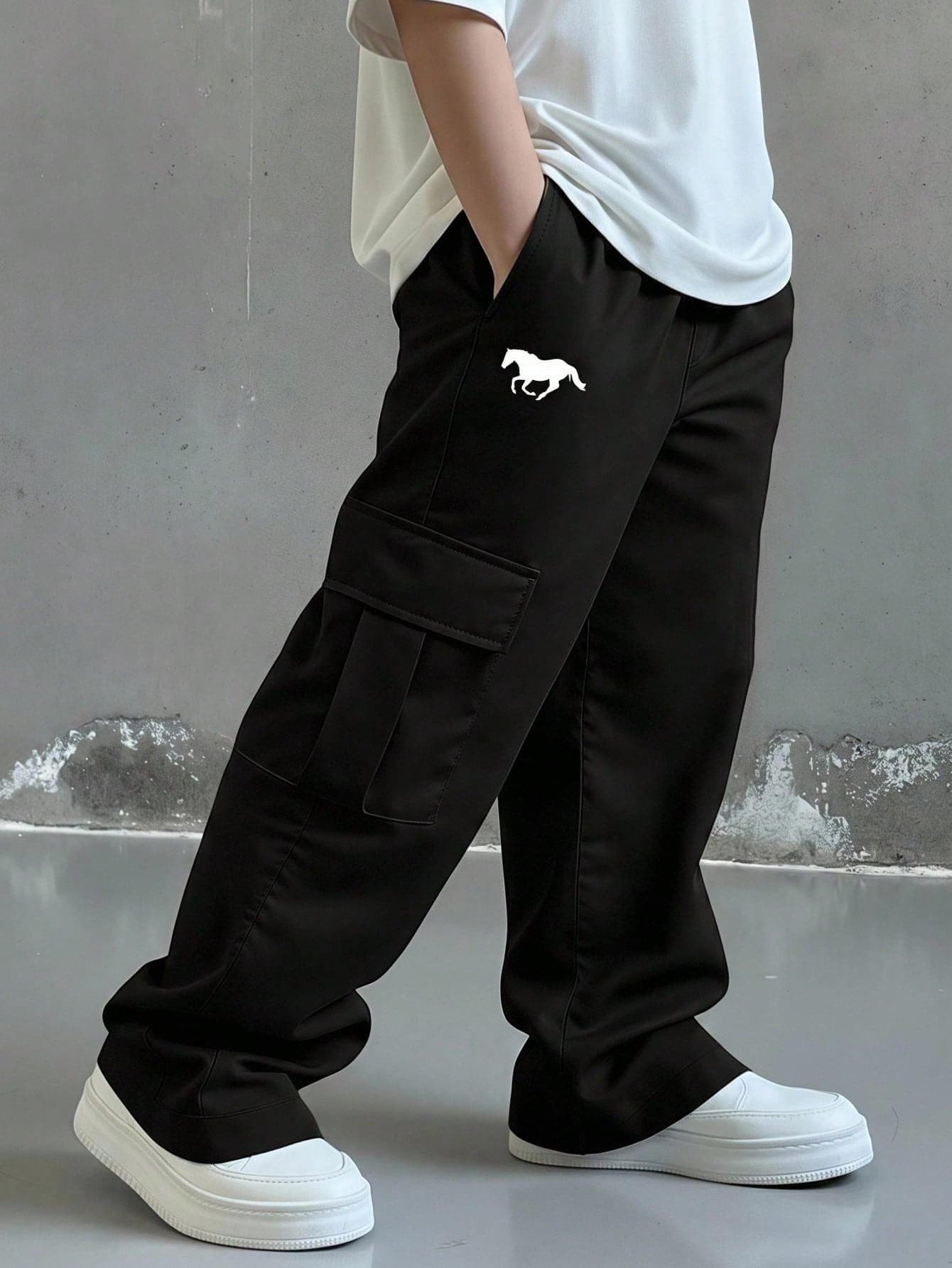 SHEIN Kids Tween Boy Casual Daily Comfortable Cargo Straight Leg Loose Fit Pants, Black Cargo Pants, Six Seven Suitable For Outings, Dates, School, Spring, Summer, Fall, Winter