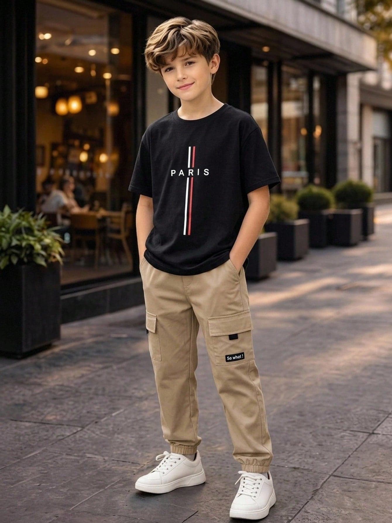SHEIN Kids Tween Boy Casual Sports Letter Print Loose Short Sleeve T-Shirt And Cargo Pants With Large Pockets And Cuffed Hem Set, Suitable For Commuting, School, Daily Casual Outings, Sports, Spring And Summer