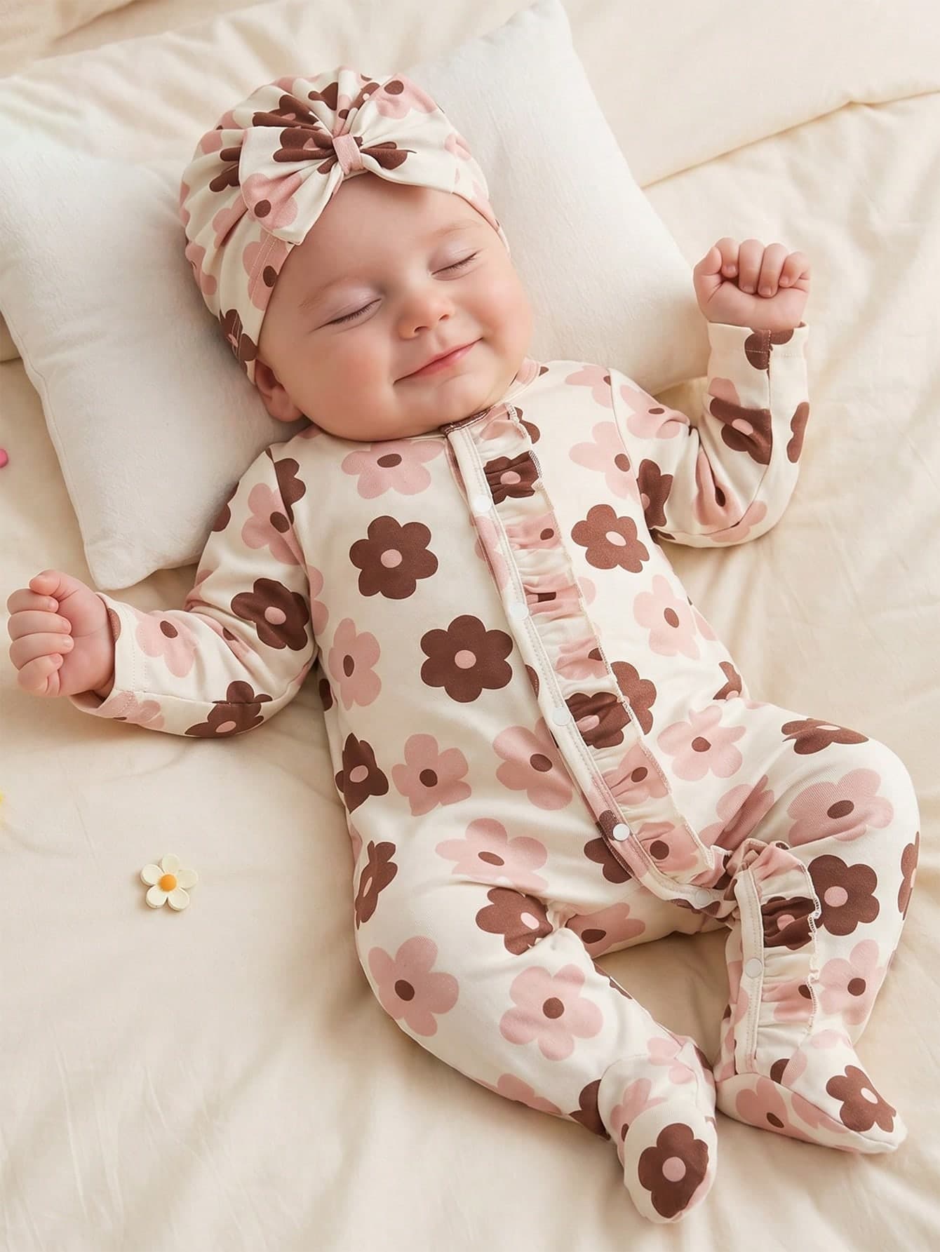 SHEIN Autumn/Winter Newborn Bow Print Cute Baby Romper + Hat