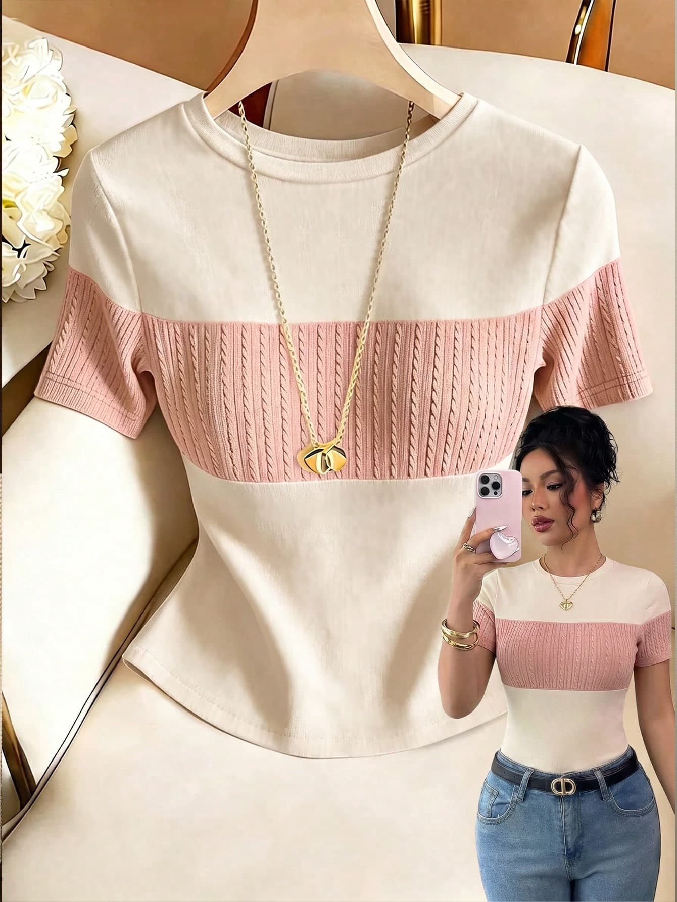 Franclia Women's Contrast Color Elegant Round Neck Short Sleeve Casual Knit T-Shirt, Women's Outing Top, Women's Commute Outfit, Women's Office Wear, Women's Casual Top, Black Top, Women's Elegant Top, Summer Top