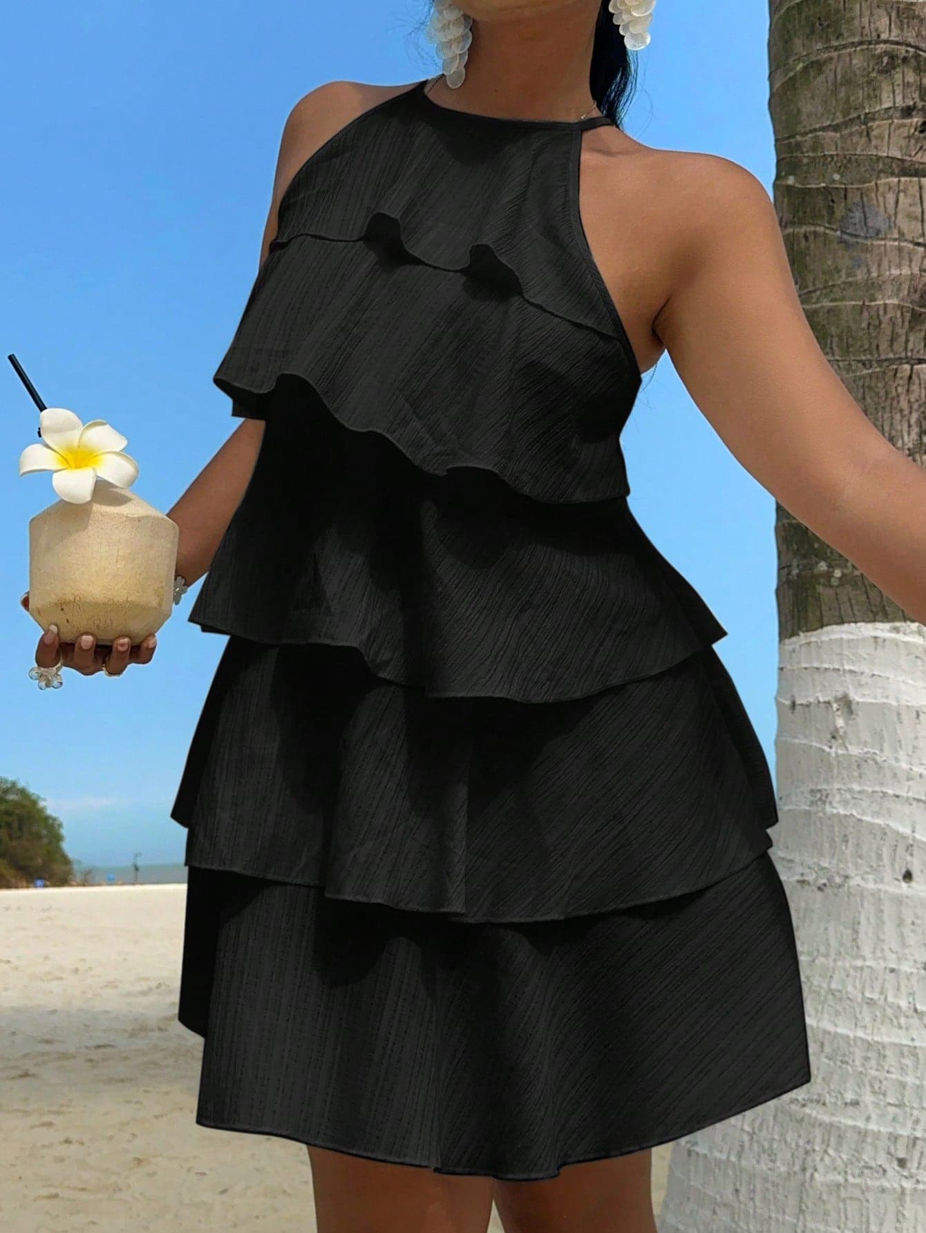 Sunnyshic Plus Size Women's Casual 5-Layer Tiered Halter Neck Dress, Cute And Comfortable, Spring/Summer Vacation
