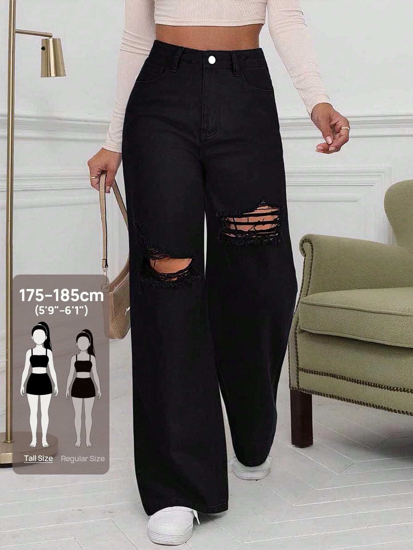 SHEIN Tall Tall Washed Denim High Waist Distressed Wide Leg Jeans