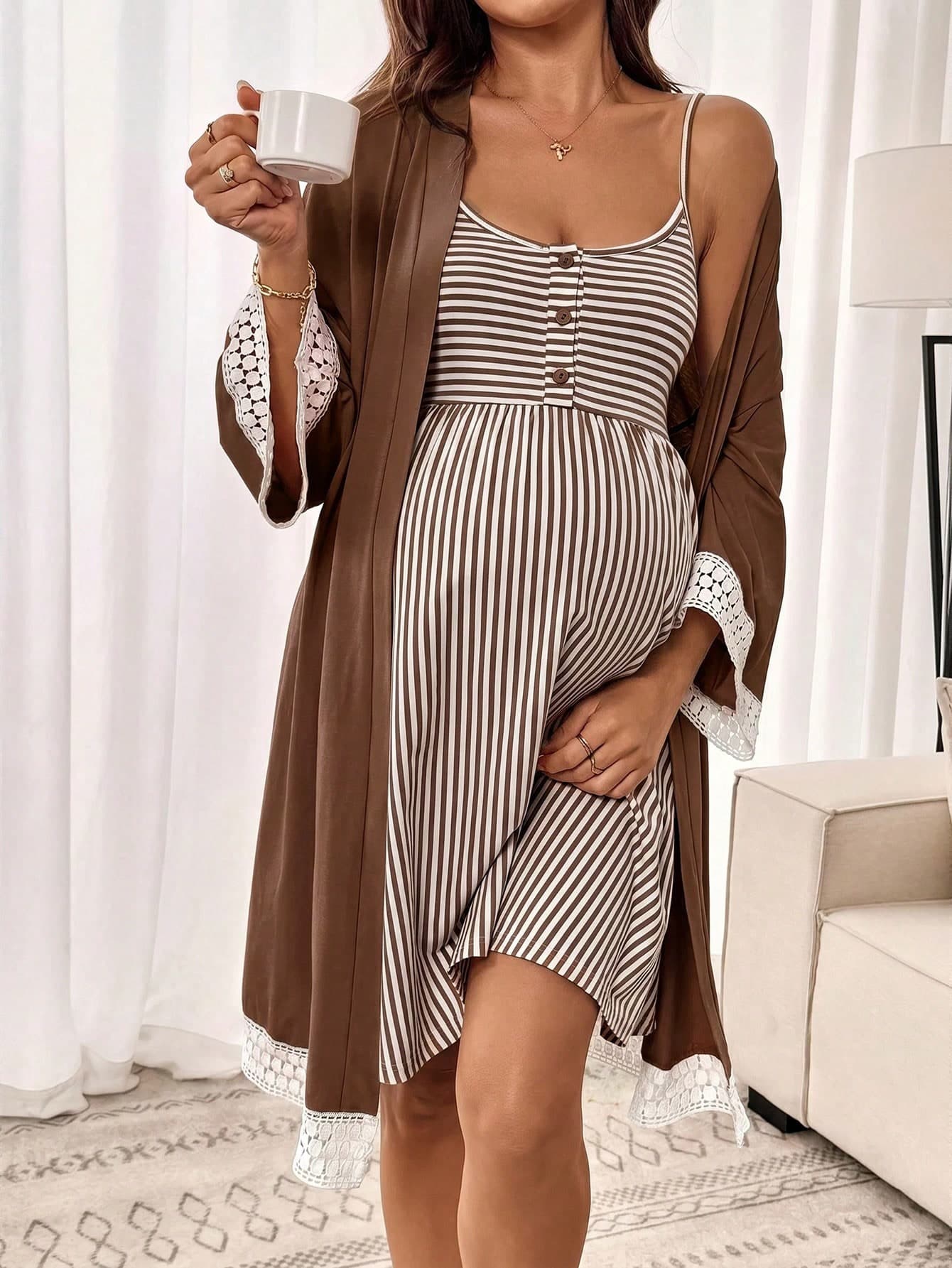 Slowluna Maternity Lace Cuff Cardigan And Striped Spaghetti Strap Dress Casual 2 Pieces Set