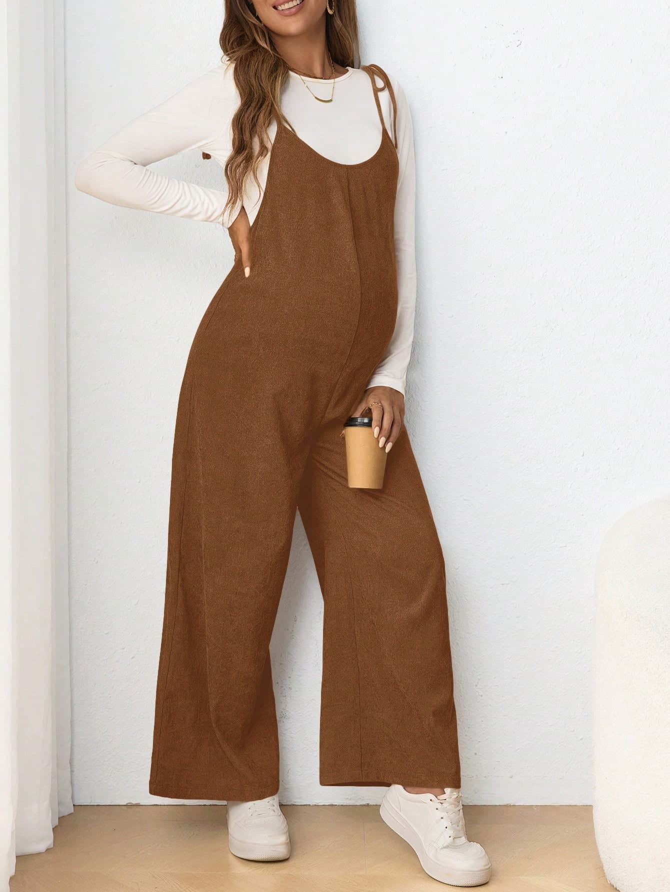 SHEIN Maternity Casual Spaghetti Strap Bow Long Fitted Jumpsuit