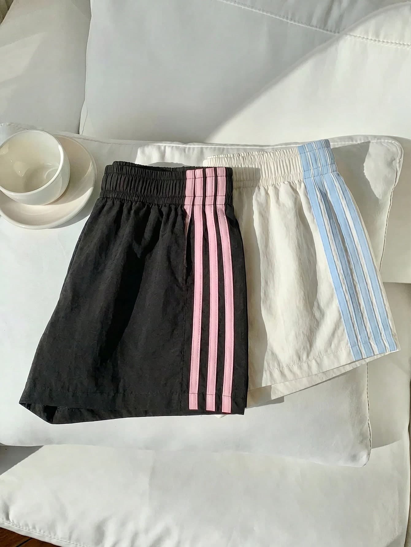 Comfortcana 2pcs/Pack Casual Sports Plus Size Women's Side Stripe Shorts Formal Gym Pink Summer
