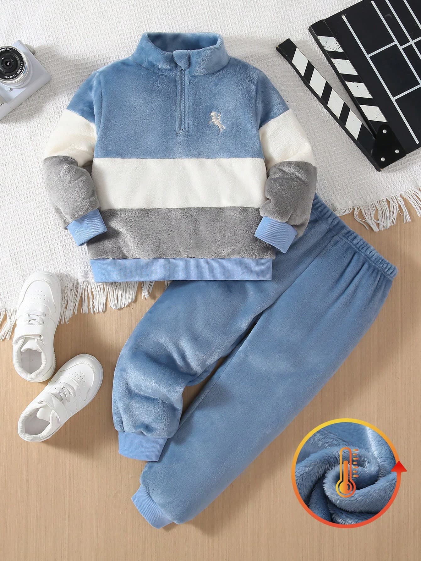 SHEIN Boys' Fashion Casual Colorblock Zip-Up Collar Embroidered Logo Fuzzy Top And Pants 2 Pieces Set, Suitable For Daily Wear, Outings, School, Autumn/Winter