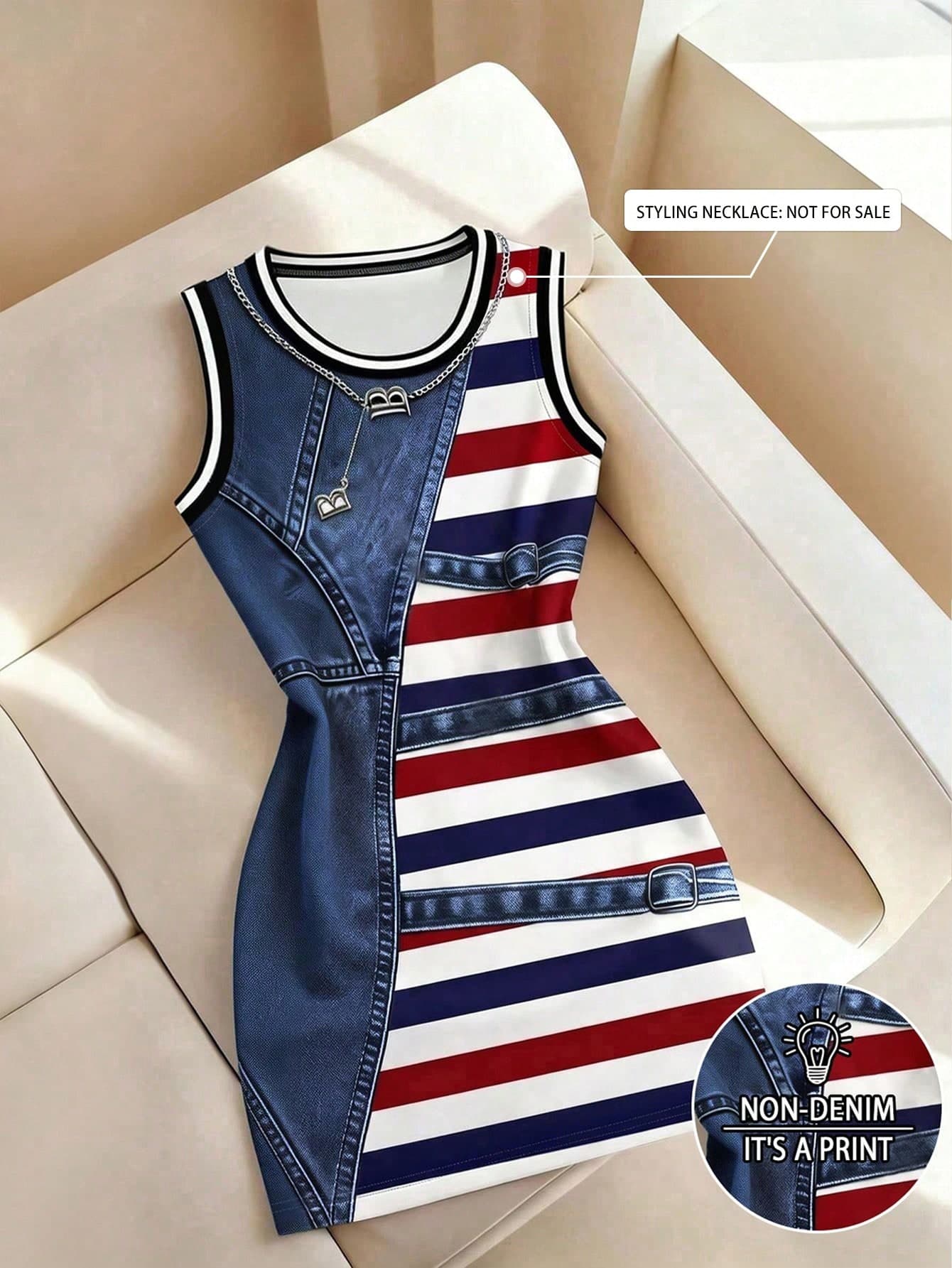 Resyla Denim Effect Round Neck Digital Print Women's Midi Dress