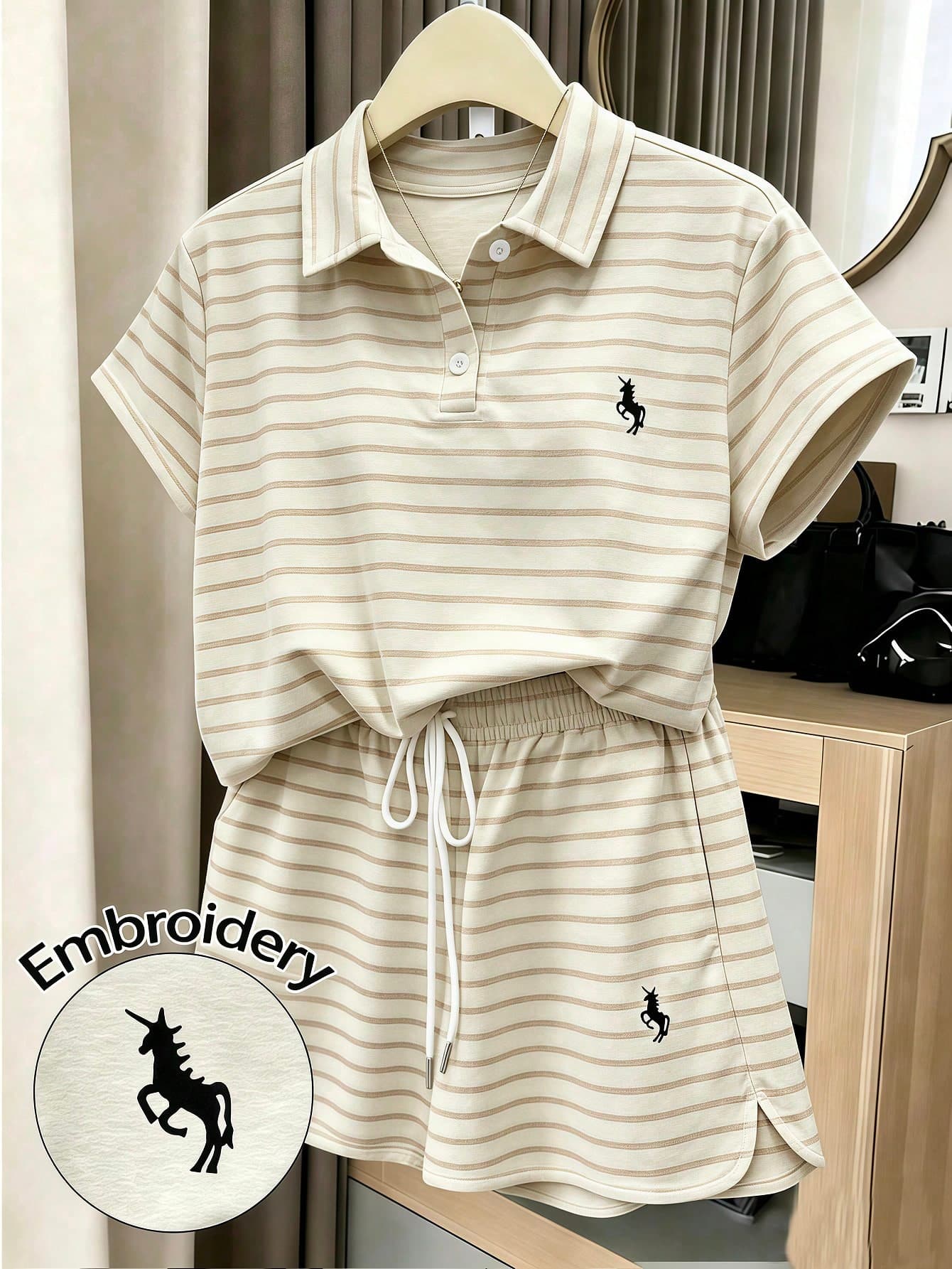 GlowEve CURVE Plus Size Summer Casual Striped T-Shirt And Shorts 2 Pieces Set Holiday Beige
