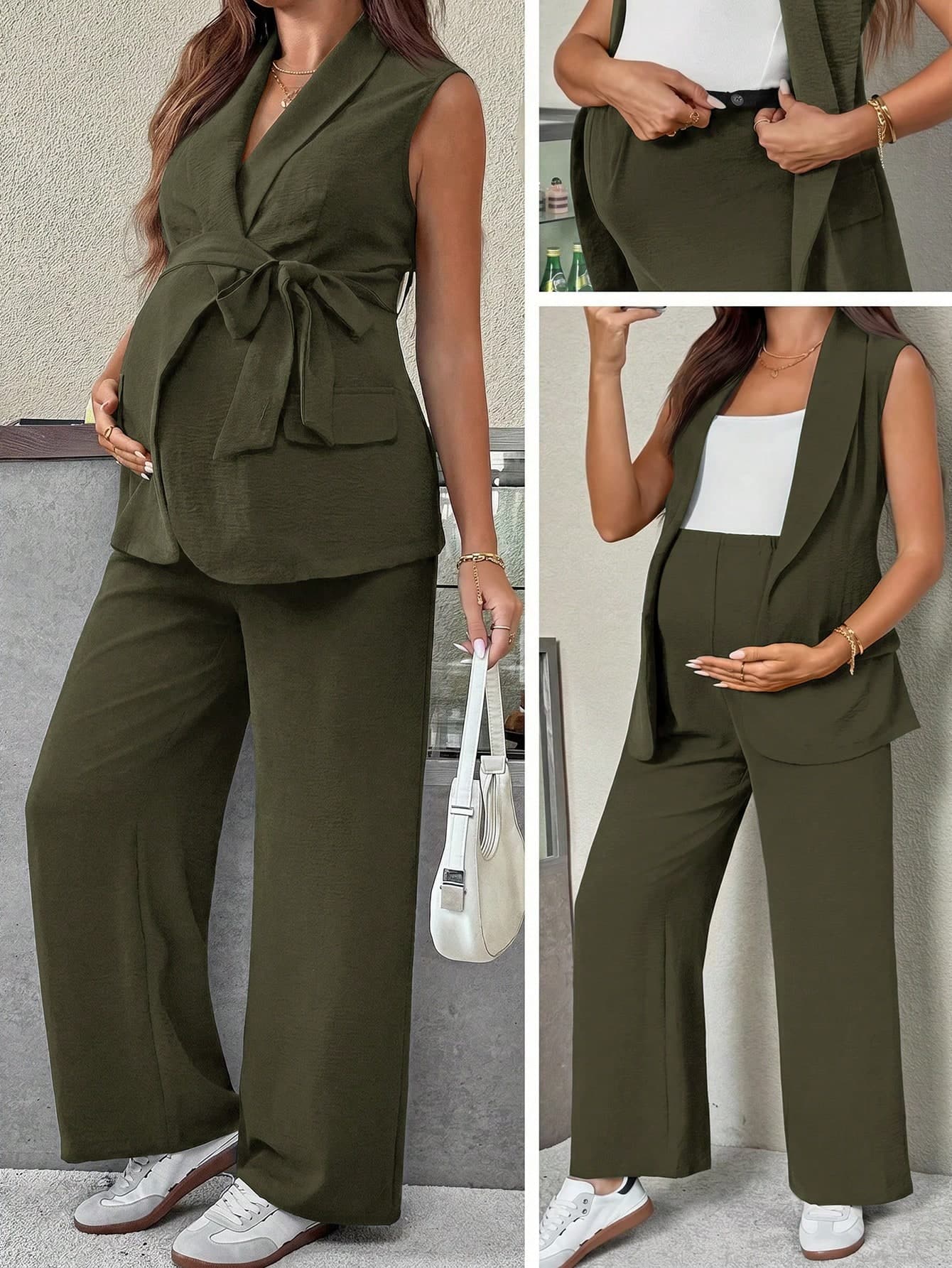 SHEIN Solid Belted Vest Blazer & Wide Leg Pants Maternity 2 Pieces Set