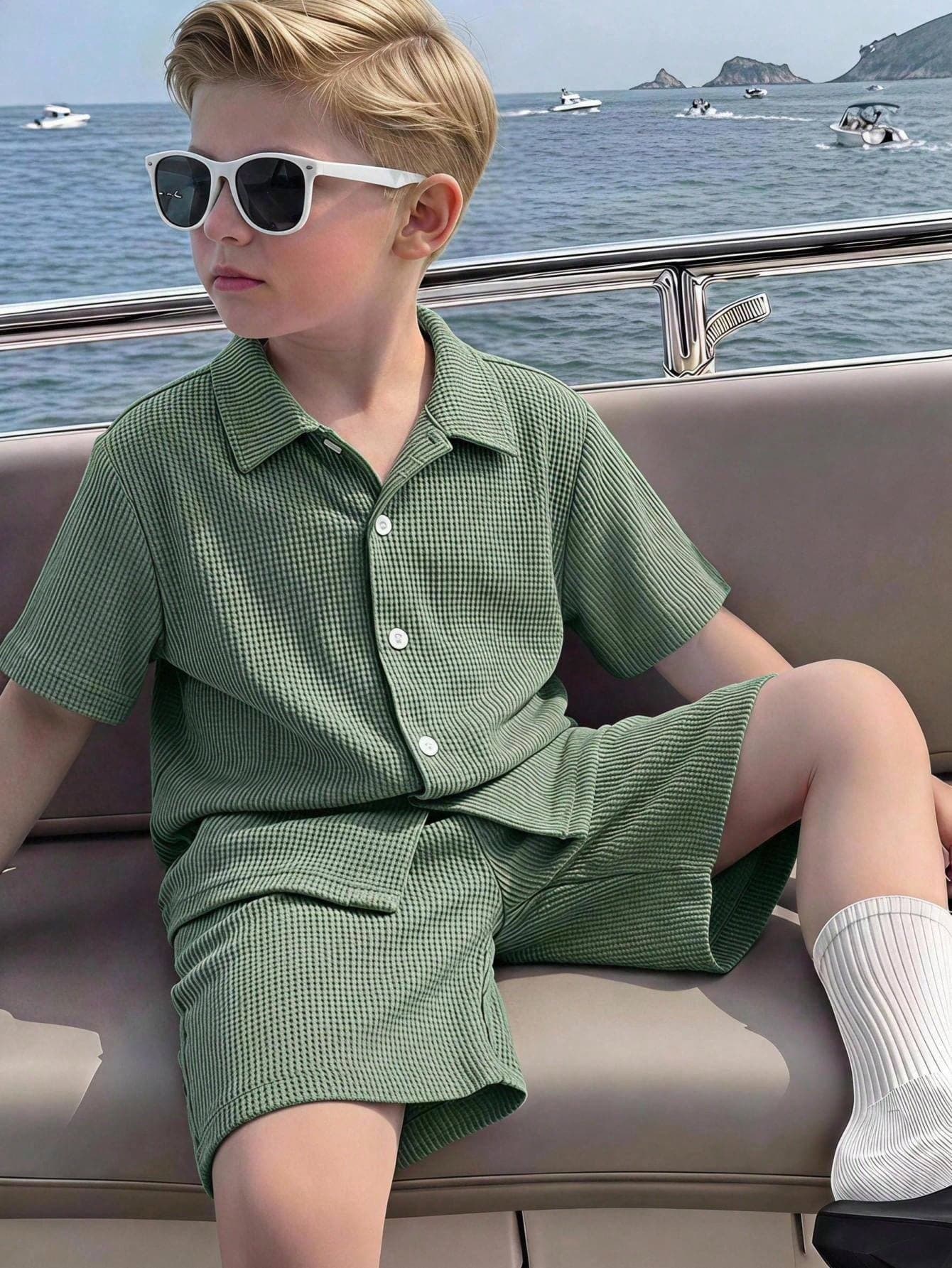 SHEIN Mirajuku Boys Textured Striped Knit Shirt And Shorts 2 Pieces Set Boys Outfit Sets