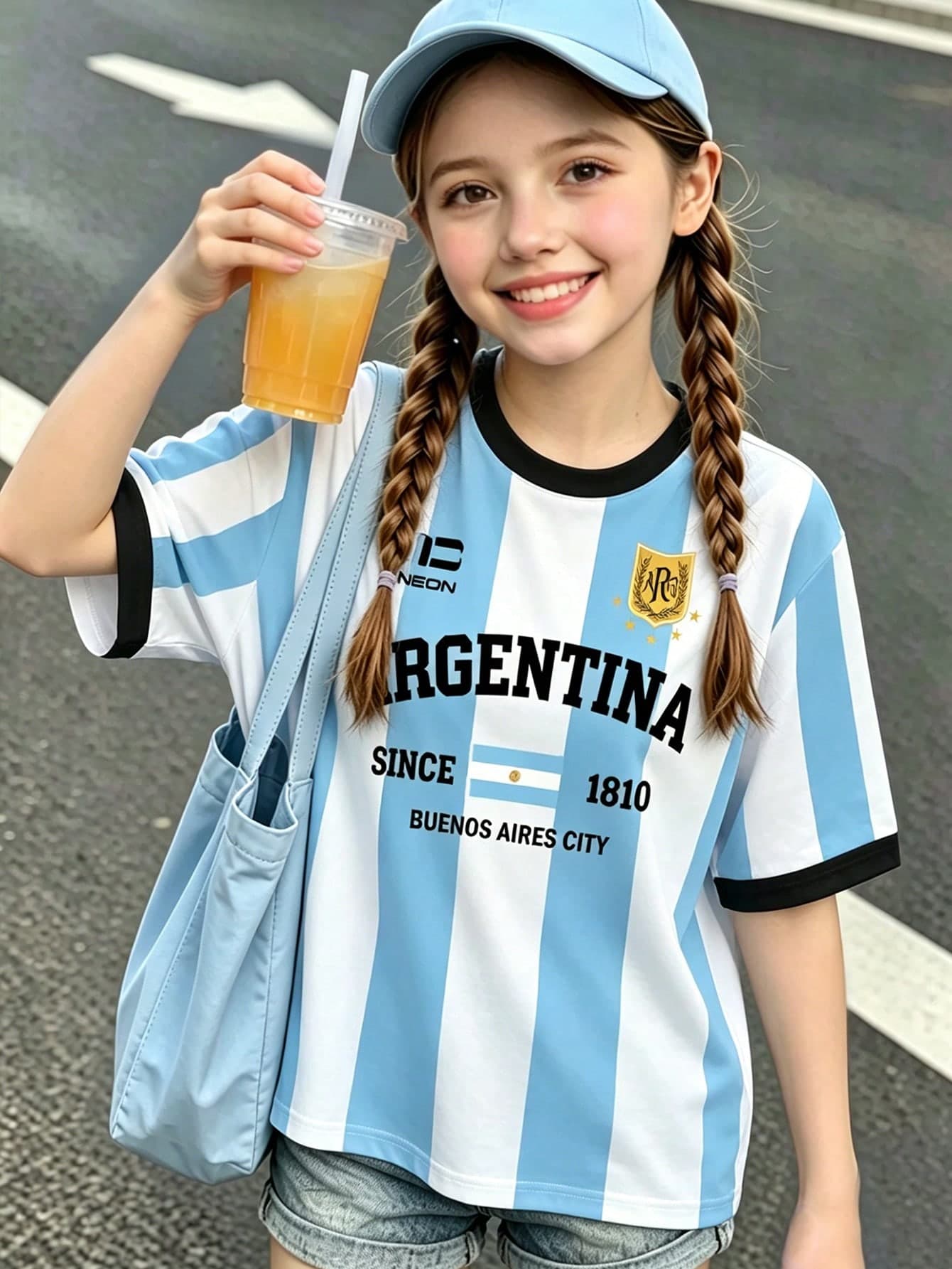 Spring Summer Autumn Girls' Fashion Creative Personalized Argentina Blue & White Vertical Stripe Letter Print Casual Basic Short Sleeve T-Shirt, Cozy Summer And Fall Styles, Suitable For Spring Summer Autumn Girls' Atmospheric Outfit