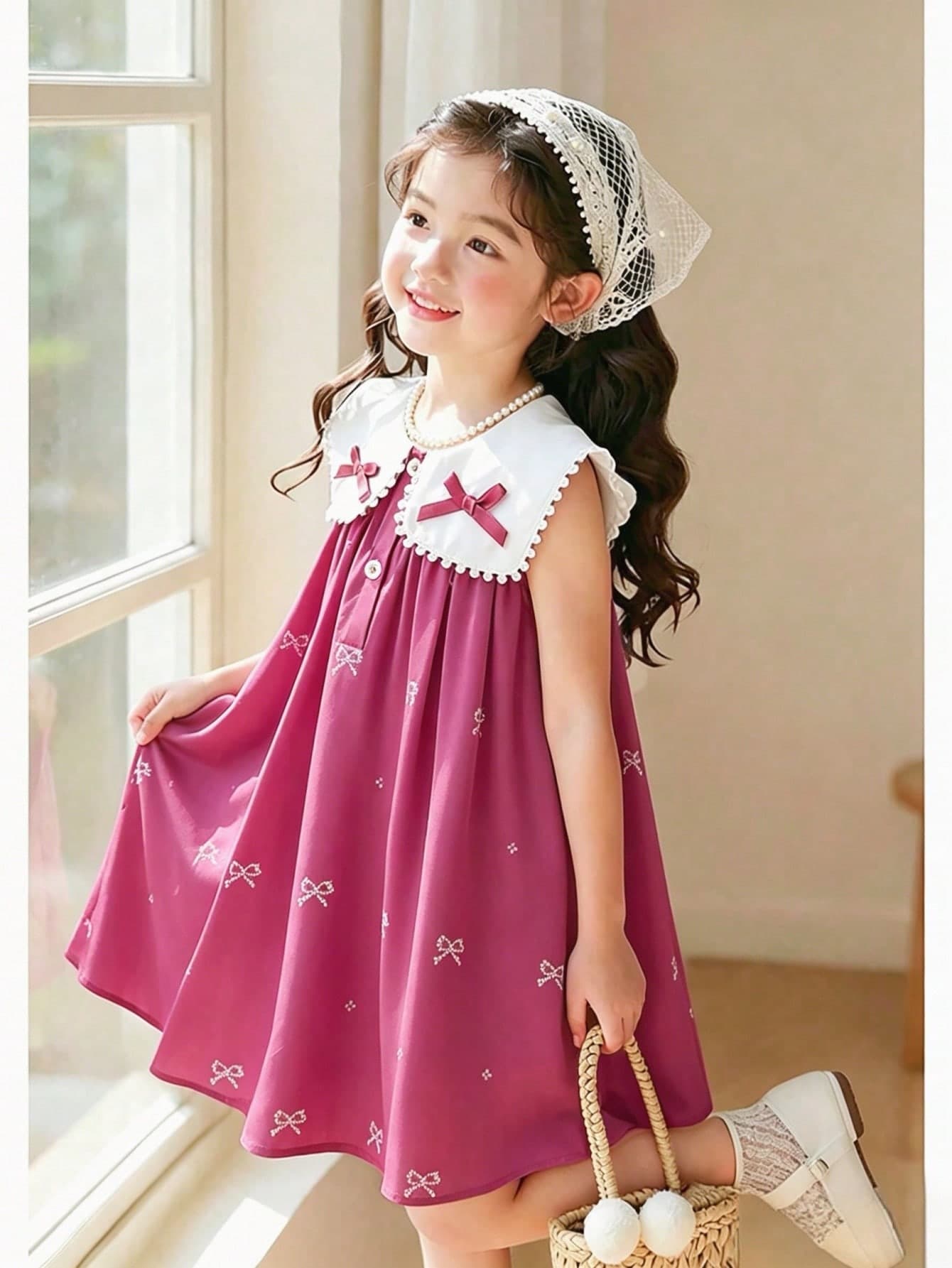 SHEIN Elladie kids Girls Green Bow Print White Collar 3D Bow Decor Casual Dress