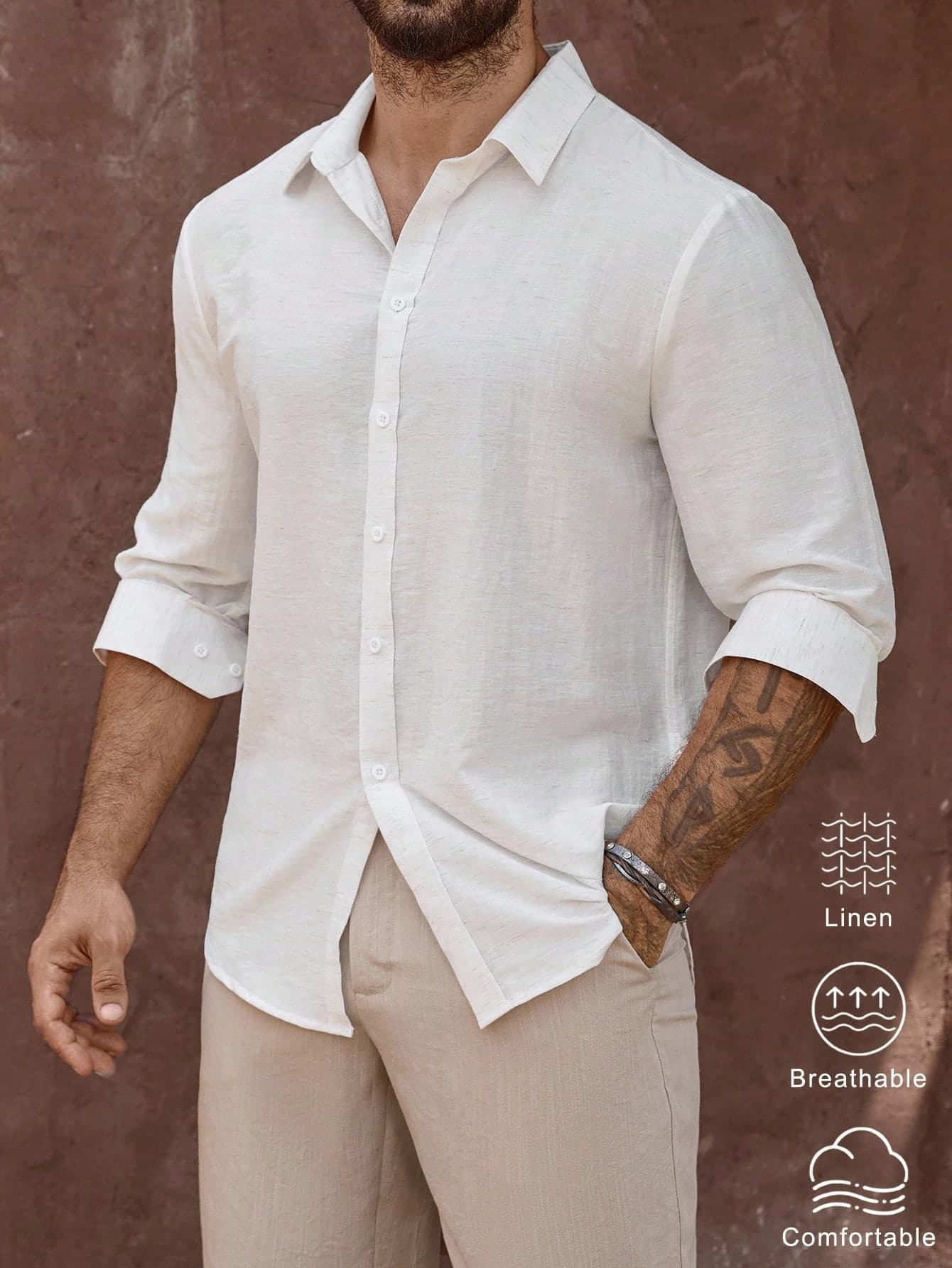 Manfinity RSRT Men's Mature Vacation Linen Blend Long Sleeve Shirt Linen Resort Wear, Fall, Old Money, Holiday