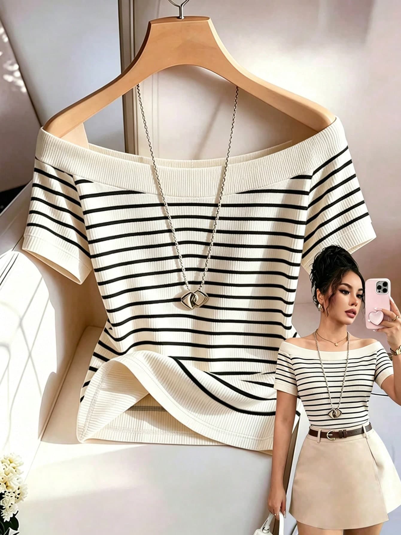 SHEIN Franclia Elegant Fashionable Off-Shoulder Striped Print Slim Fit Commuter Daily Versatile Business Professional Travel Date Single Party Women's T-Shirt