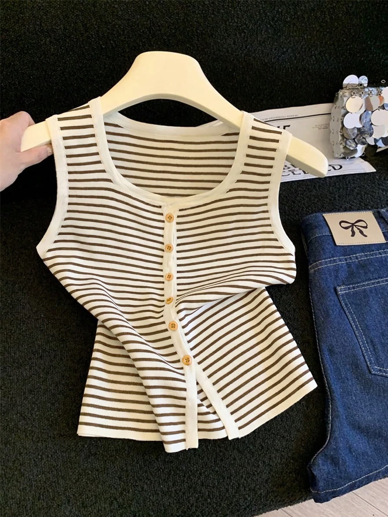 GlowEve New Fashionable Summer Casual Vacation Striped Print Cardigan With Button Decor Women Tank Top