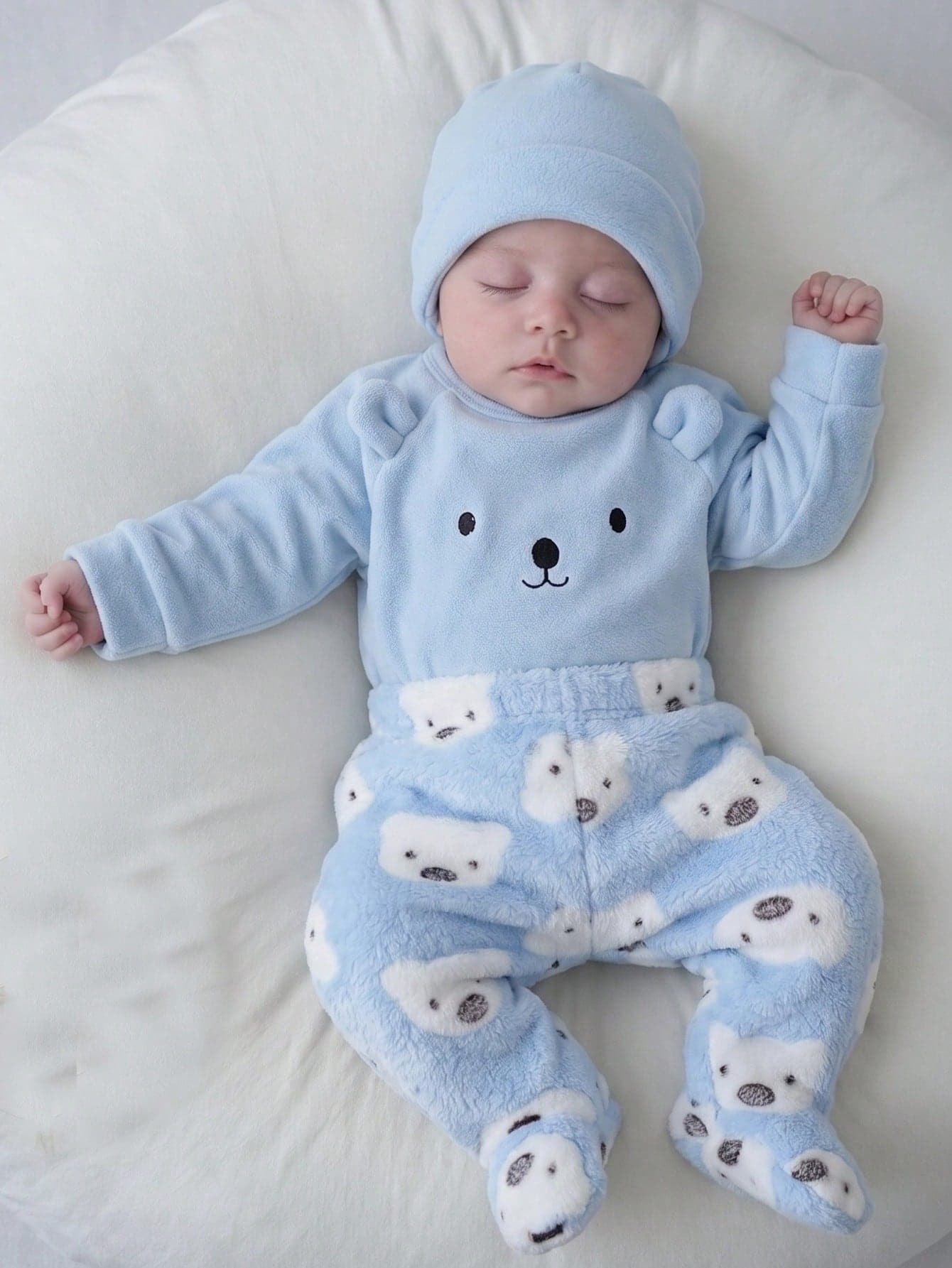 SHEIN Genkimix Kids 2pcs Baby Boys Comfortable & Warm Fleece Teddy Bear Graphic Jumpsuit And Pants Homewear Set