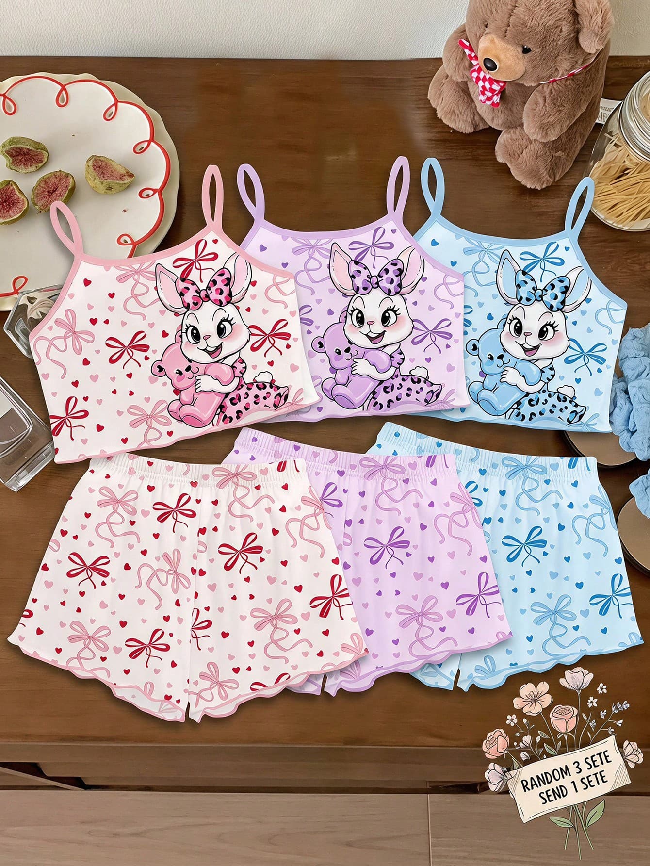Young Girl Vintage Cute Dopamine Leopard Print Bow Cartoon Print, Young Girls Casual Minimalist Camisole Top Shorts Loungewear Suitable For Summer Pink