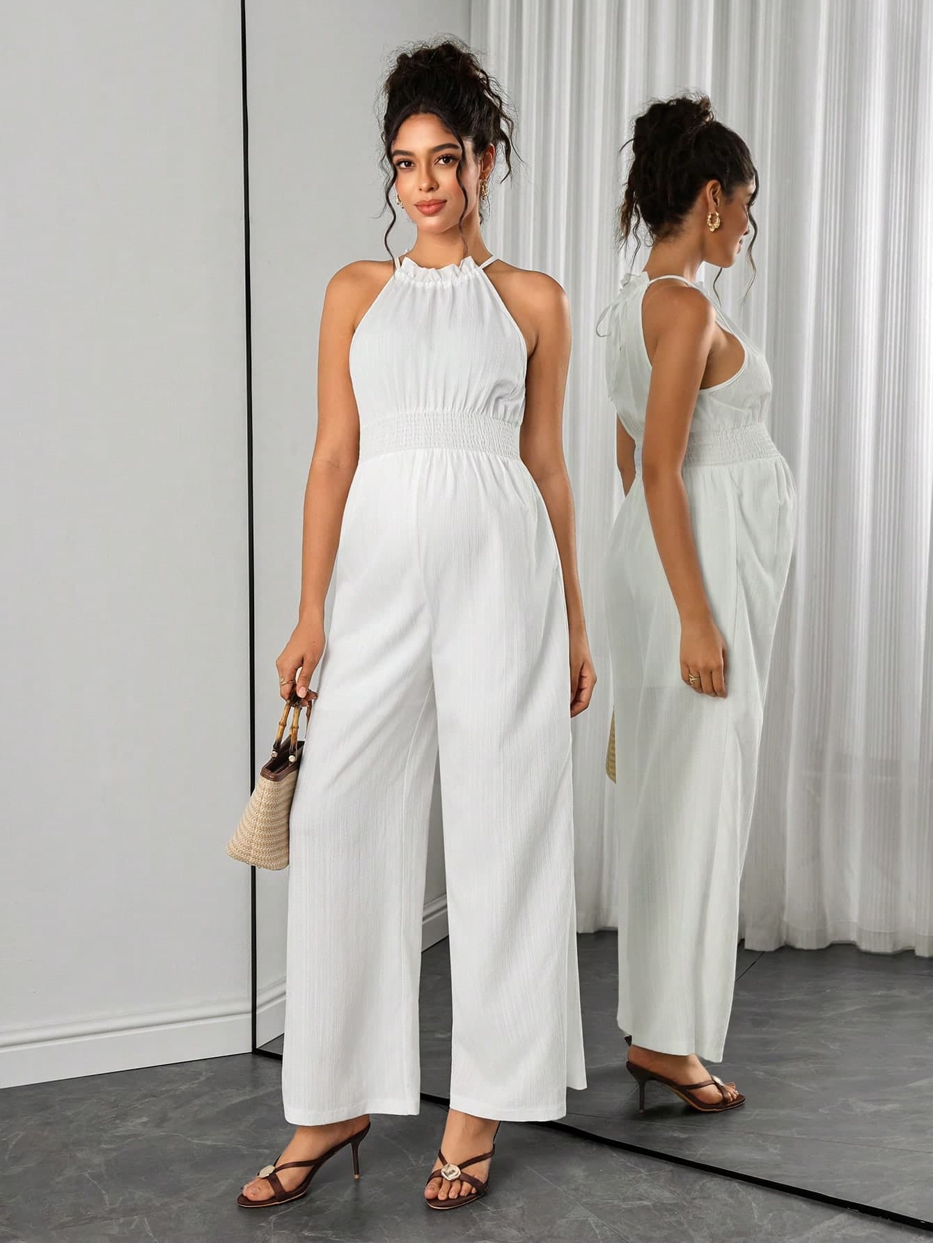 Momance Maternity Solid Color Waist Gathered Fashion Halter Neck Jumpsuit