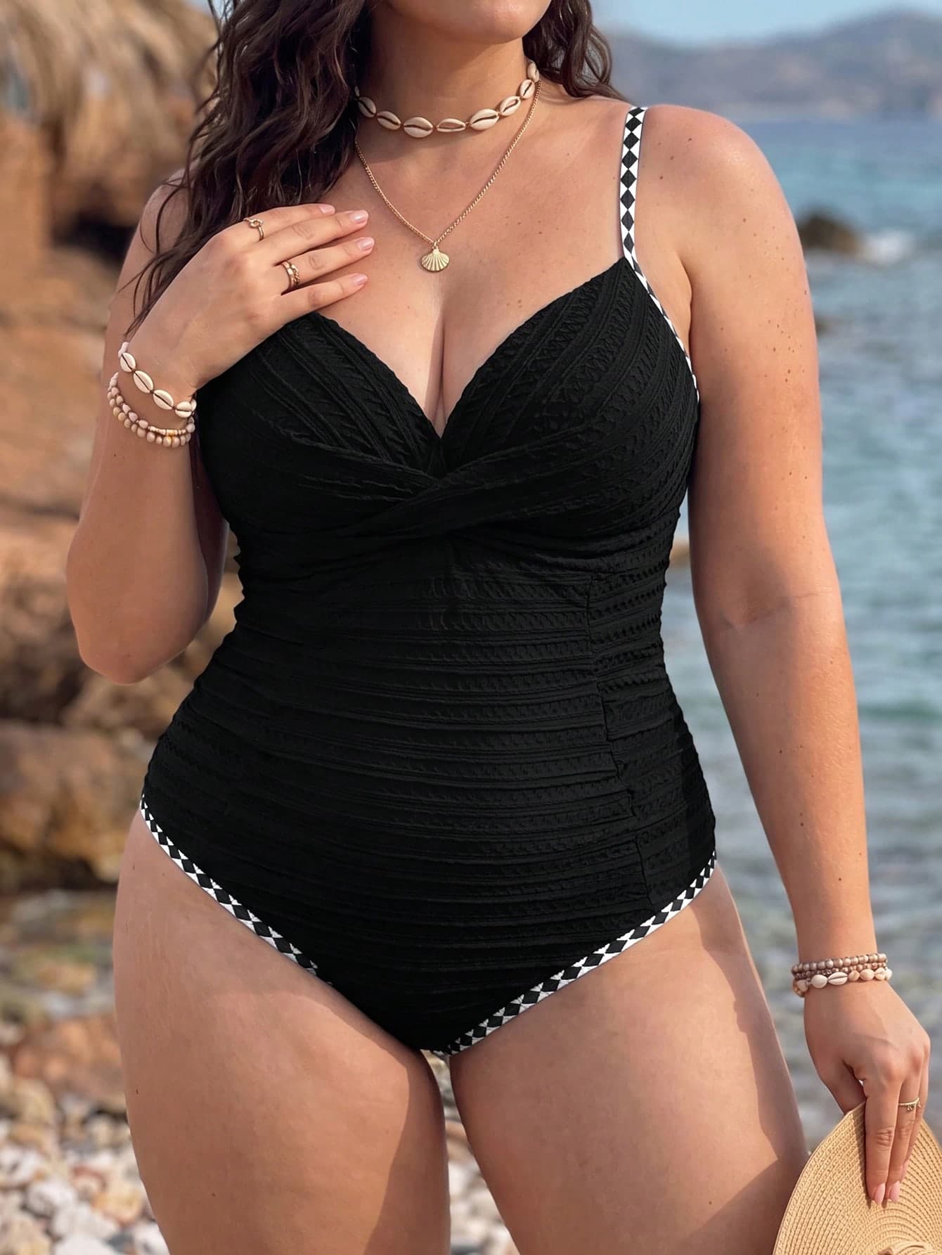 Swim Lushoire Plus Size Women One-Piece Solid Black Ruched Special Fabric Fashion Vacation Daily Minimalist Casual Slim Fit Underwire Molded Cup Push-Up Flattering Tie-Up Bow High Leg Adjustable Thick Strap Bikini Swimsuit
