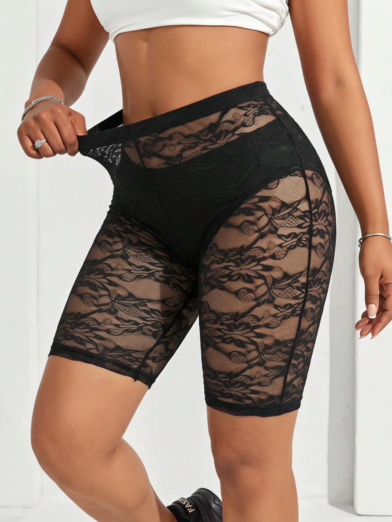 SHEIN SXY Black High-Elasticity Lace See-Through High-Waist Slim-Fit Short Leggings,Casual Elegant,Sexy,Going Out Date Night Clubbing Holiday Summer
