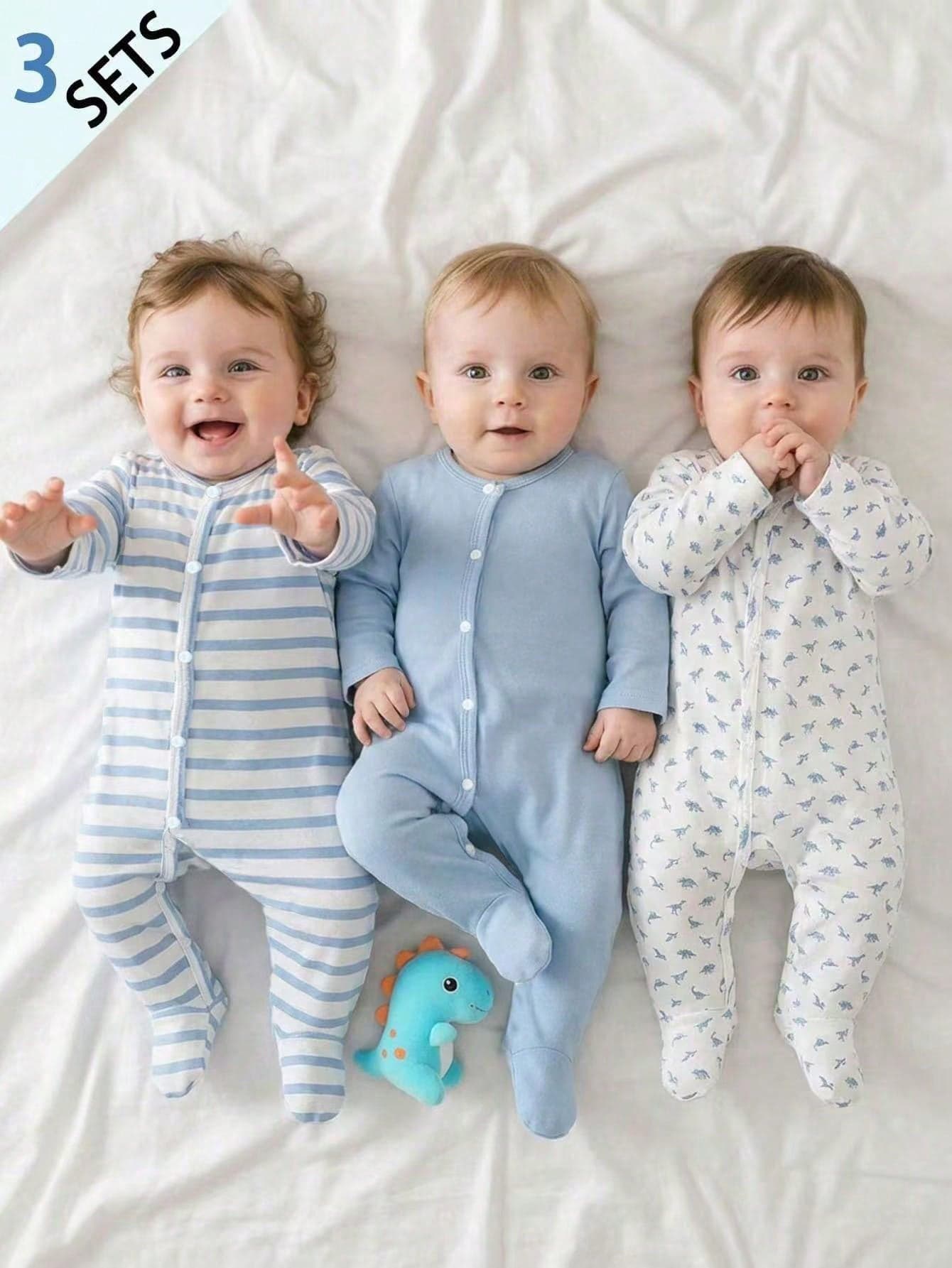 Souflis Souflis 3pcs Newborn Long Sleeve Romper,Cute Minimalist Dinosaur Line Art Print,Blue And White Striped,Autumn,Cute,Lounge,Infant Casual Everyday Wear Pajamas