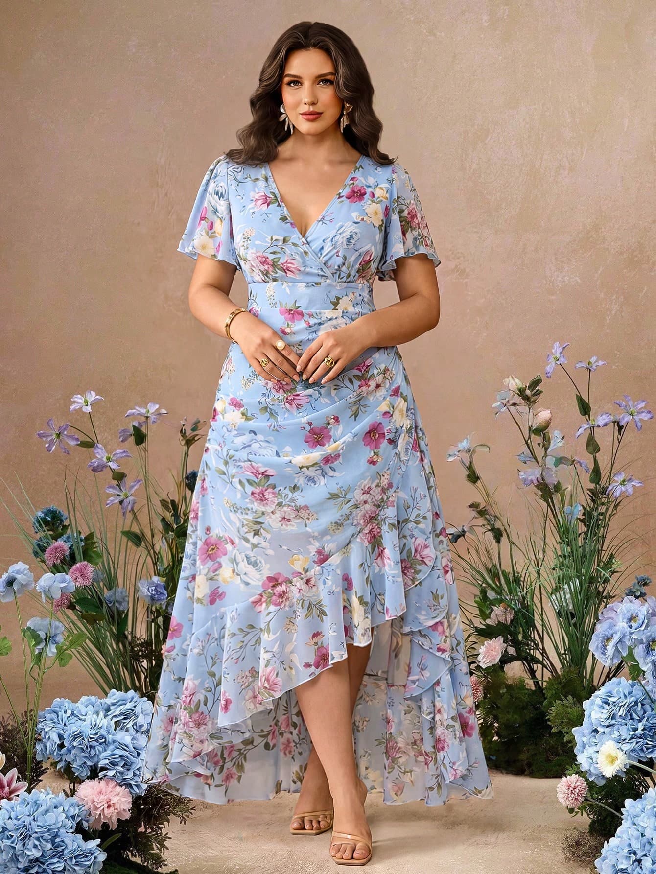 Roveilla Plus Size V-Neck Chiffon Floral Print Ruffle Sleeve Pleated Slit Ruffle Hem Flowy Elegant Vintage Vacation Party Midi Dress
