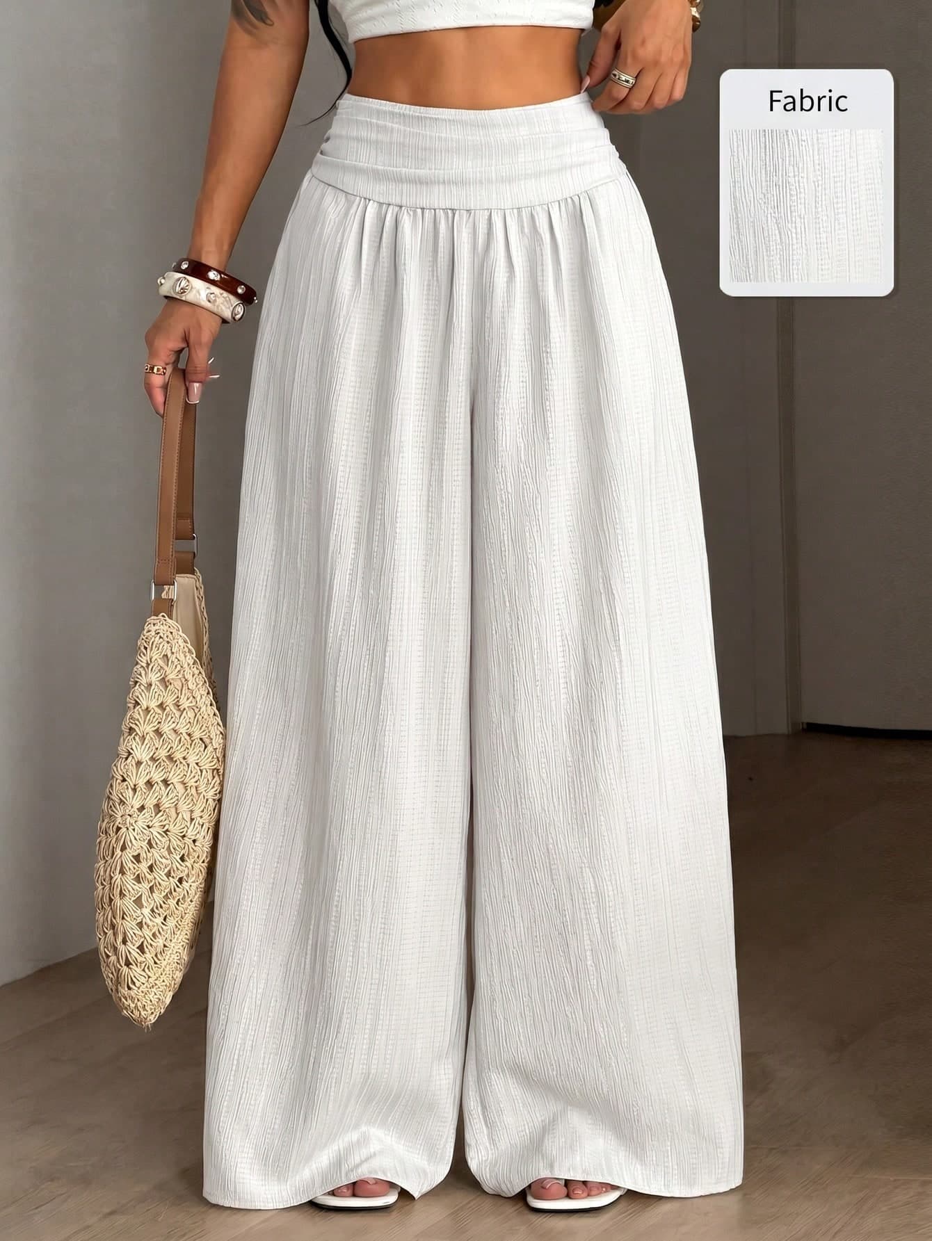 Coolane Women's Summer Casual Vacation White Loose Textured Wide Leg Pants, Resort Wear, Fall Women , Vacations For Summer