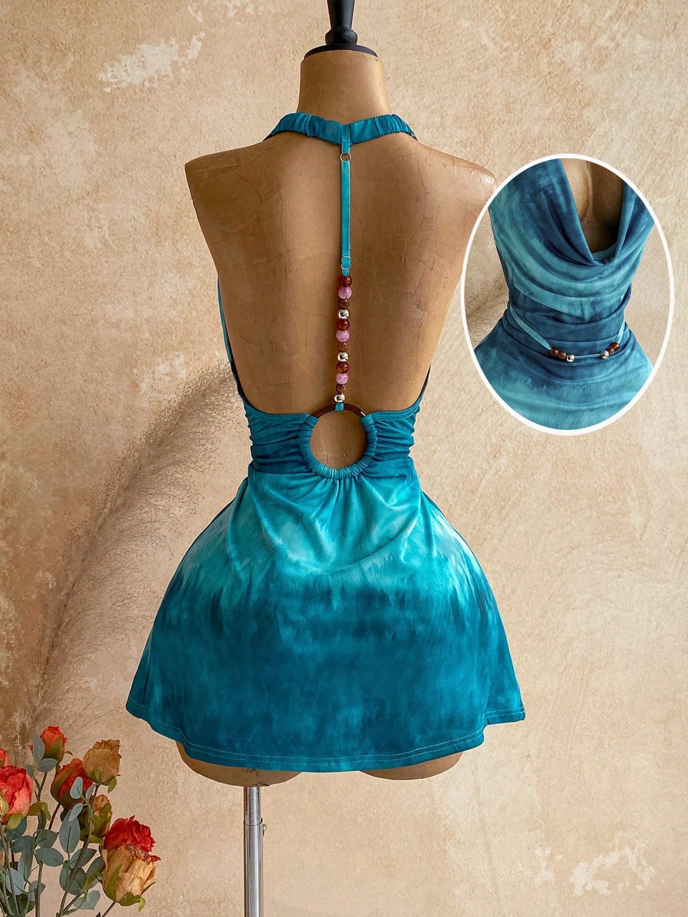 Soleia Women's Halter Neck Tie Back Open Back Sexy Date Party Mini Dress,Light Beige, Western Style Party Outfit,Blue Dress,Going Out,Birthday,Back To School